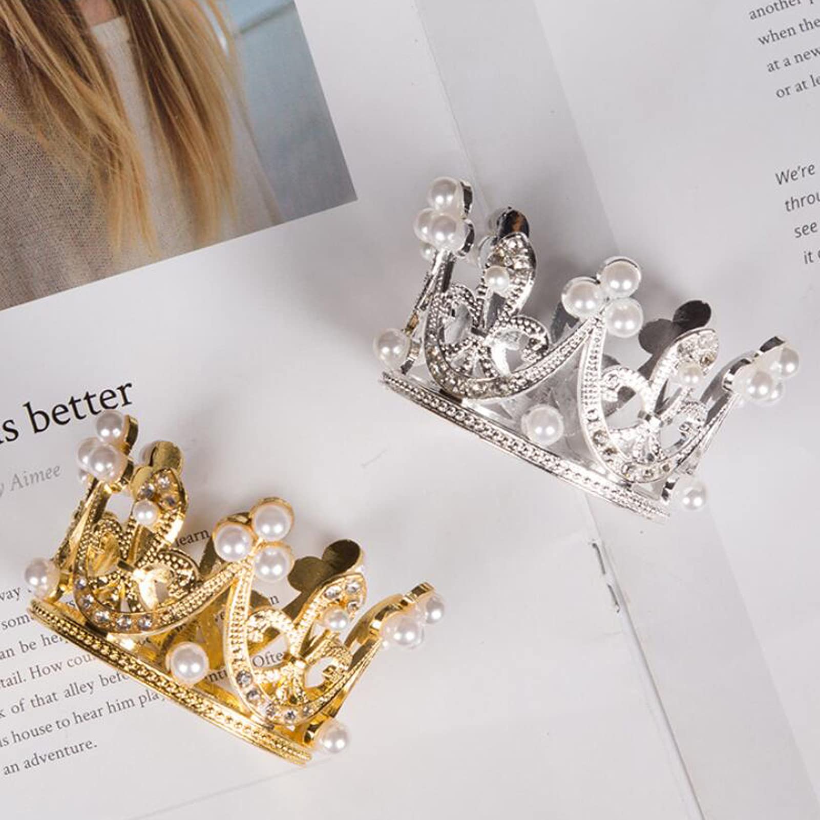 4 Pack Mini Crown Cake Toppers - Gold & Silver Crystal Rhinestone Cupcake Tiara for Baby Shower, Birthday, Wedding, Christmas, Princess Theme Party Decorations - Perfect for Newborn Photo Props and Dessert Table Centerpieces