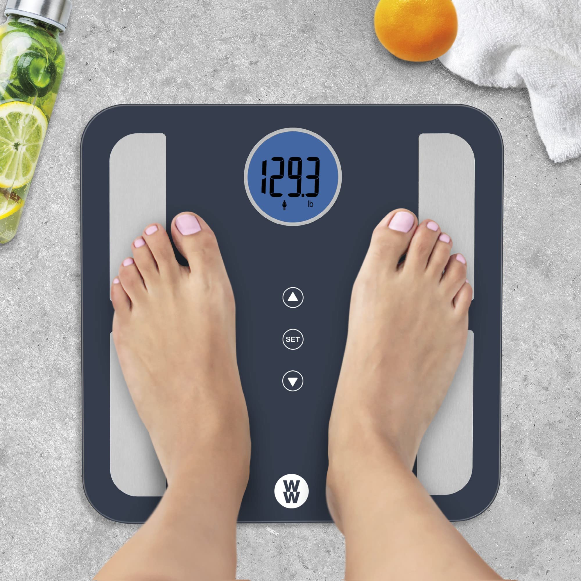 Conair Weight Watchers Digital Bathroom Scale - Glass Body Fat & BMI Analyzer, Measures Weight up to 400lbs, Tracks Muscle Mass & Bone Density for 4 Users (Black/Blue) - Perfect for Home Fitness Tracking & Health Monitoring
