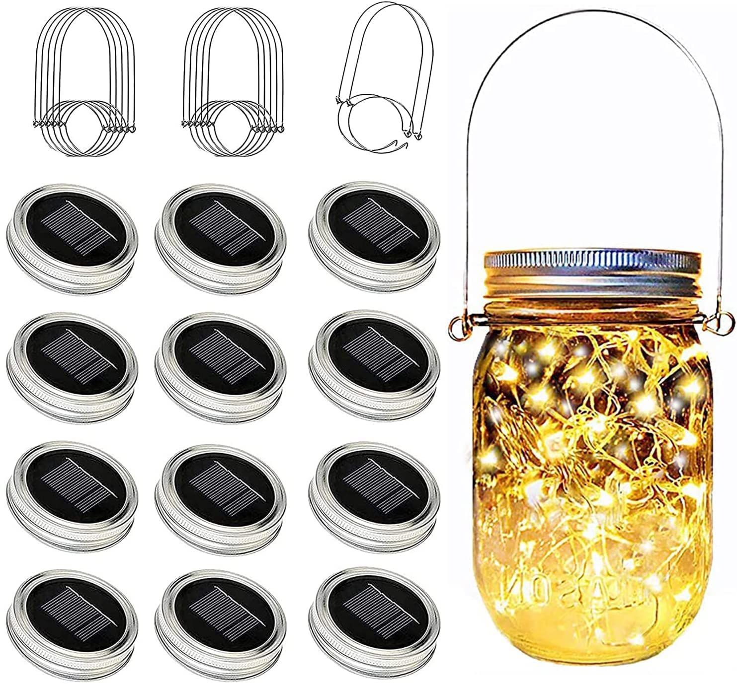 12 Pack Solar Mason Jar Lights - 30 LED Fairy Jar Lids with Hanger for Outdoor Decor (Warm White) | Perfect for Halloween, Patio, Garden, Yard & Lawn Decorations (Jars Not Included)