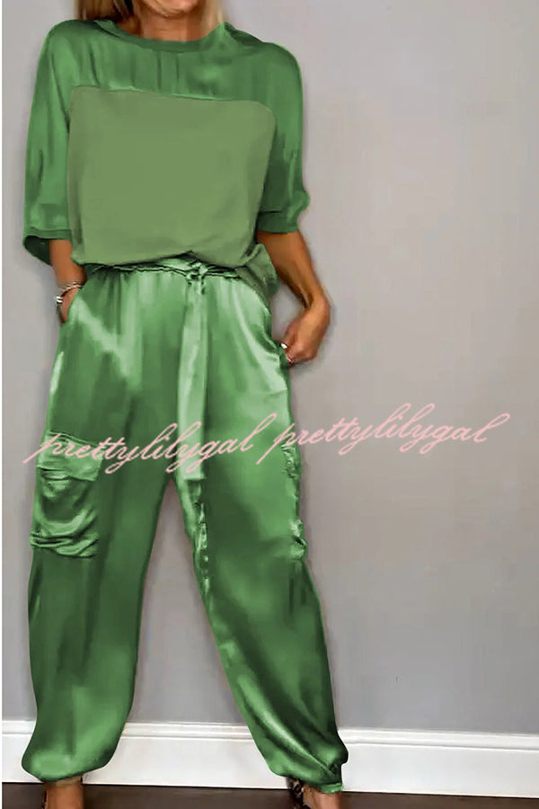 Calissa Women's Smooth Satin Half Sleeve Top & Elastic Waist Pocket Pants Set - Comfortable Lounge Wear for Home, Office & Casual Outings