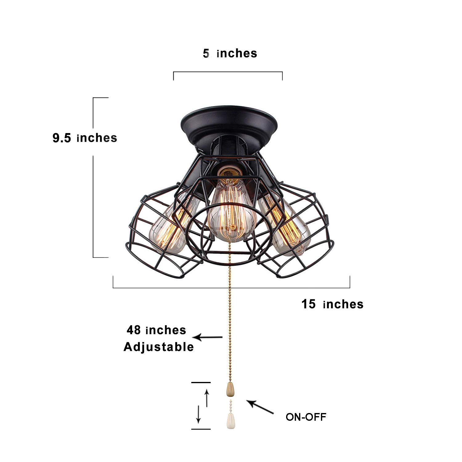 Industrial Black Metal Ceiling Light Fixture with Pull Chain - 3-Light Wire Cage Design, 15