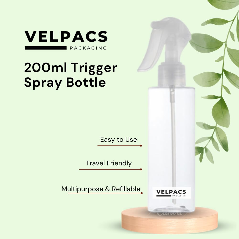 Velpacs 200ml Empty Plastic Spray Bottle with Trigger Sprayer - Pack of 2 | Refillable Hair Mist Bottle for Rosemary Oil, Perfume, Rosewater | Travel Size for DIY Beauty, Home Cleaning & Gardening Use