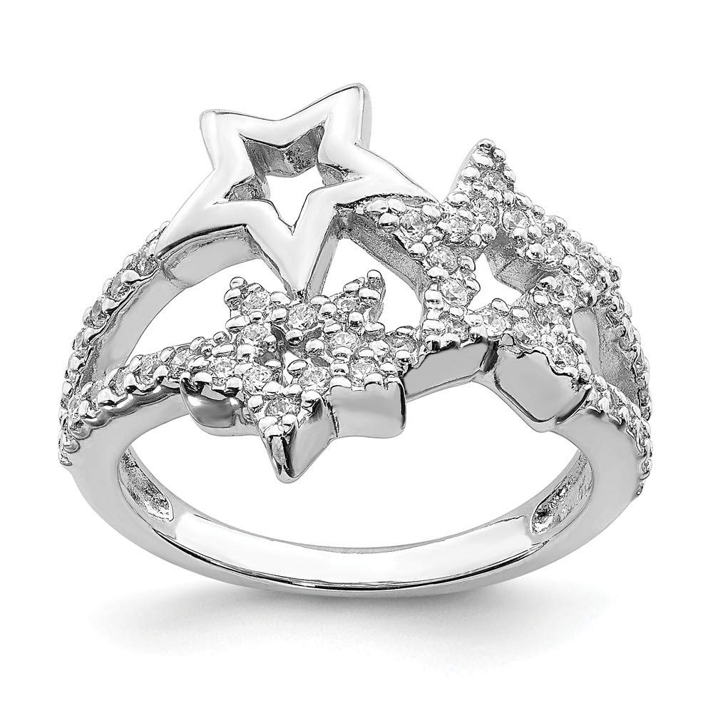 925 Sterling Silver Rhodium Plated Cubic Zirconia Triple Star Ring for Women - Size 6 7 8 - Elegant Simulated Diamond Jewelry Gift for Birthday, Anniversary & Special Occasions