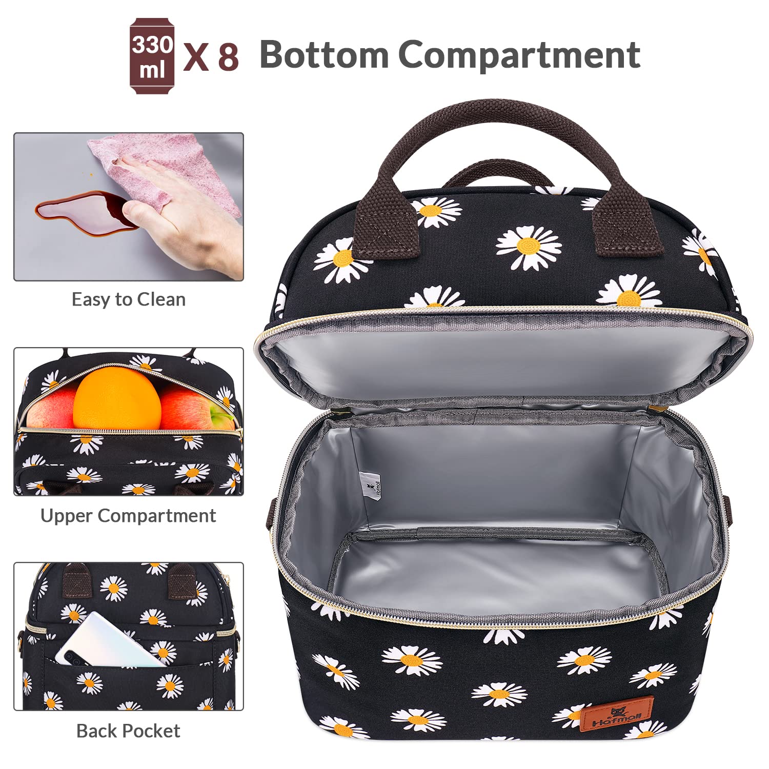Hafmall Insulated Lunch Bag for Women - Leakproof Dual Compartment Lunch Tote with Adjustable Shoulder Strap - Reusable Thermal Lunch Box for Office, School, Picnic - Black & Daisy Floral Design
