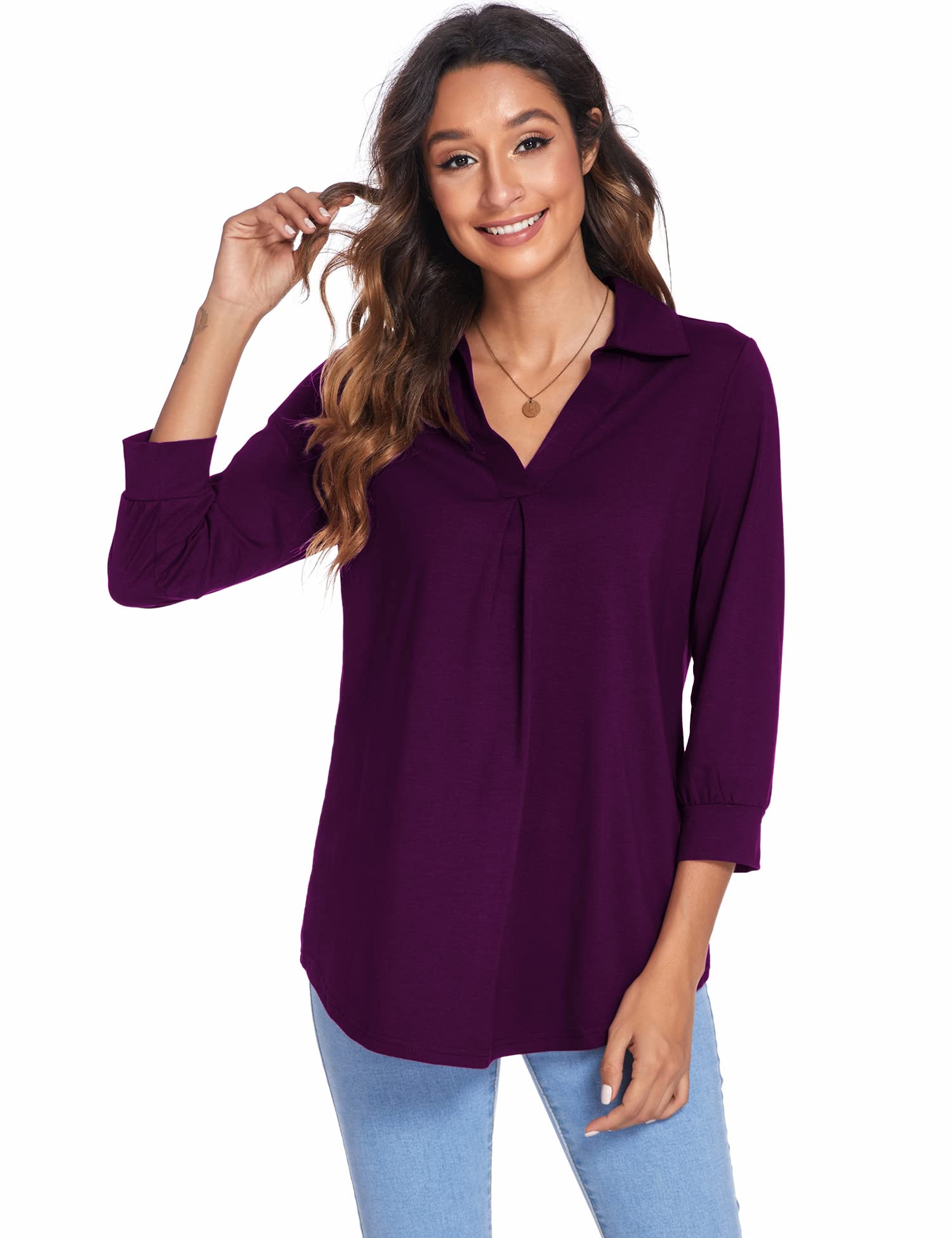 Newchoice Women's Collared V-Neck 3/4 Sleeve Blouse - Business Casual Tops, Loose Fit Work Shirts (S-3XL) - Perfect for Office, Meetings & Professional Events