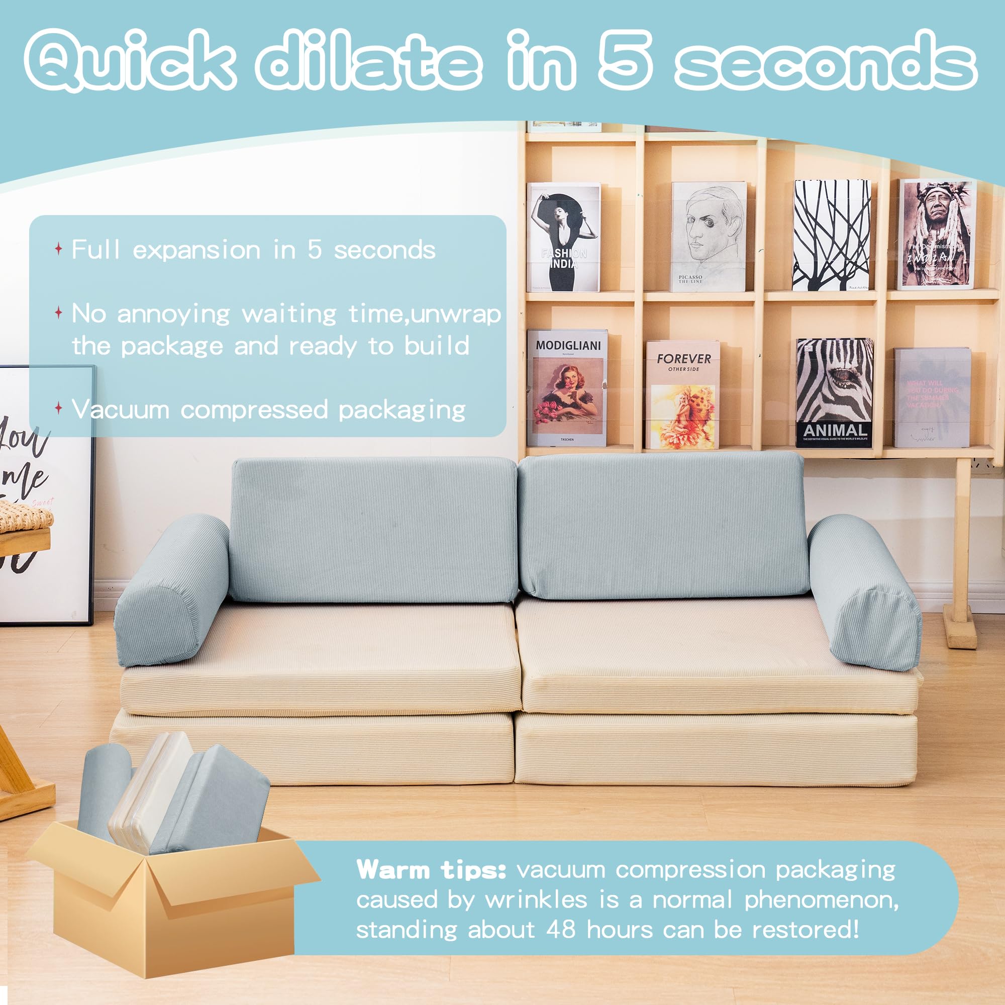 Modular Kids Play Couch - Convertible Toddler Foam Sofa for Playroom | Corduroy Fabric Nugget Couch with 5-Second Instant Expansion | Baby Explorer Set in Cyan & Beige | Perfect for Indoor Play, Reading Nook, and Nap Time