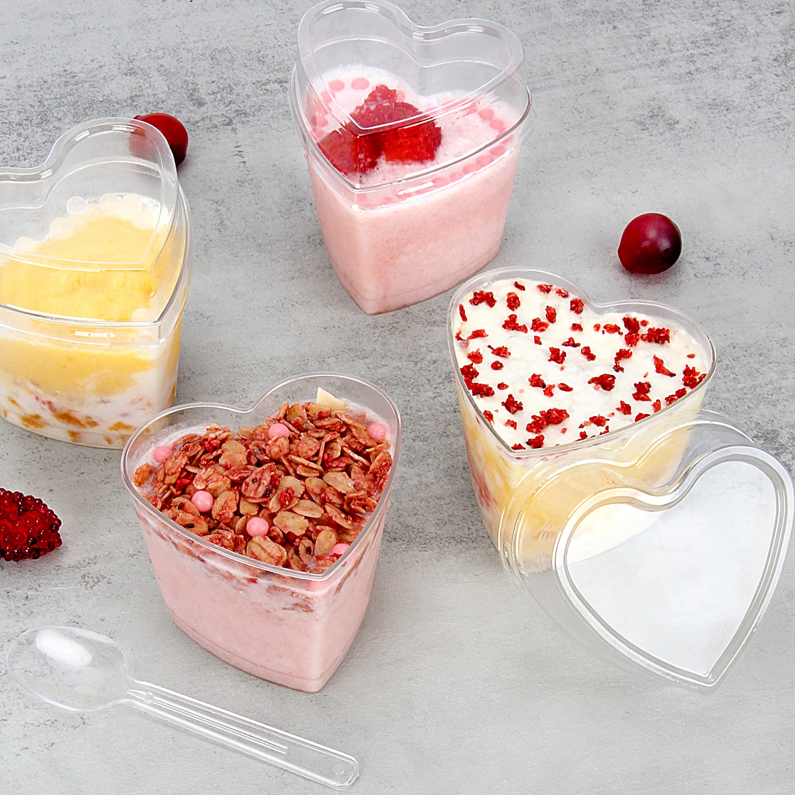 60 Pack 5 oz Clear Heart-Shaped Plastic Dessert Cups with Lids & Spoons - Perfect for Parfaits, Appetizers, Mother's Day Gifts, Weddings & Bridal Showers - Ideal for Party Serving, Holiday Events & Romantic Celebrations