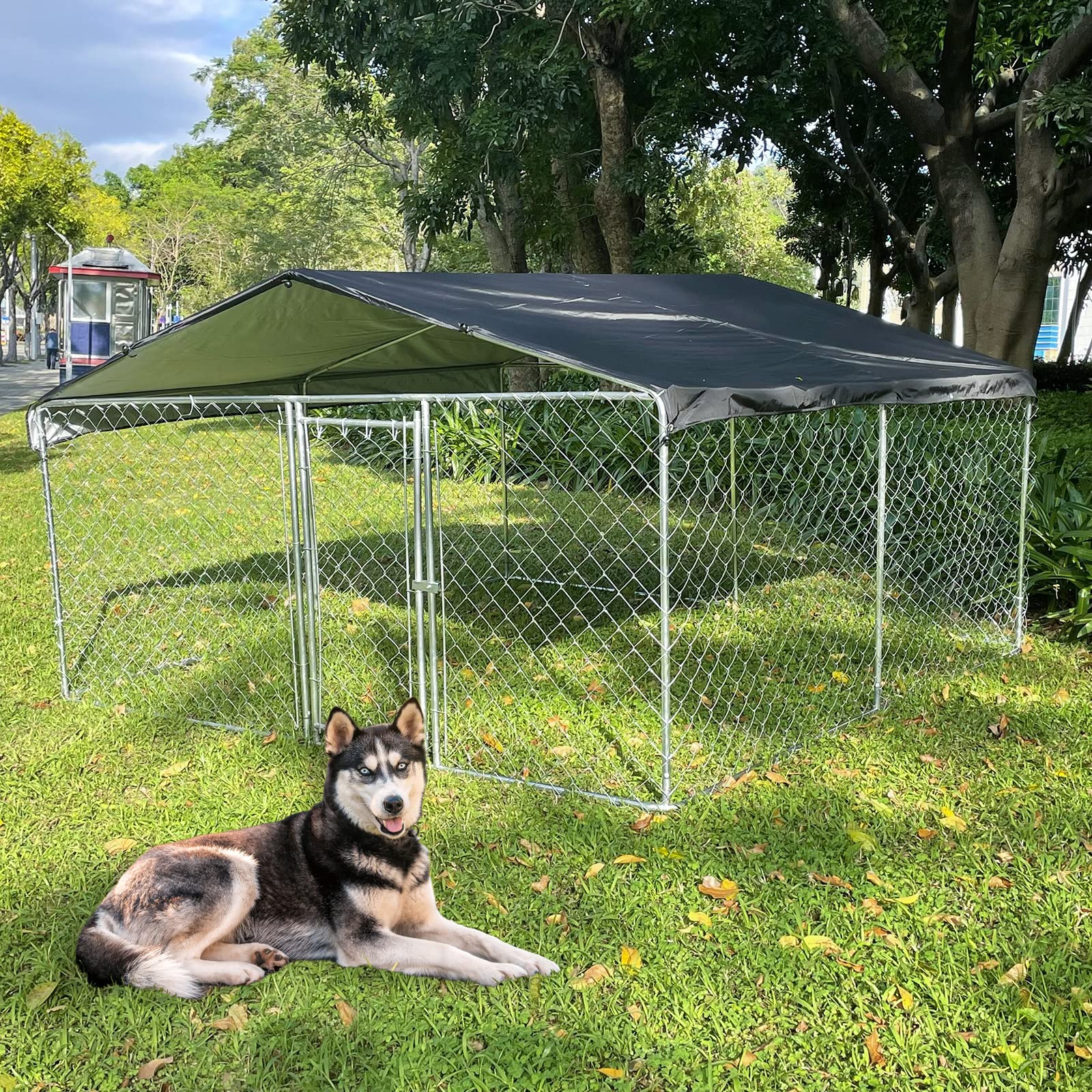 Heavy Duty 10'x10'x5.6' Outdoor Metal Dog Kennel with Waterproof Roof Cover - Large Breed Dog Playpen for Retrievers | Durable Pet Enclosure for Backyard, Garden & Camping Use