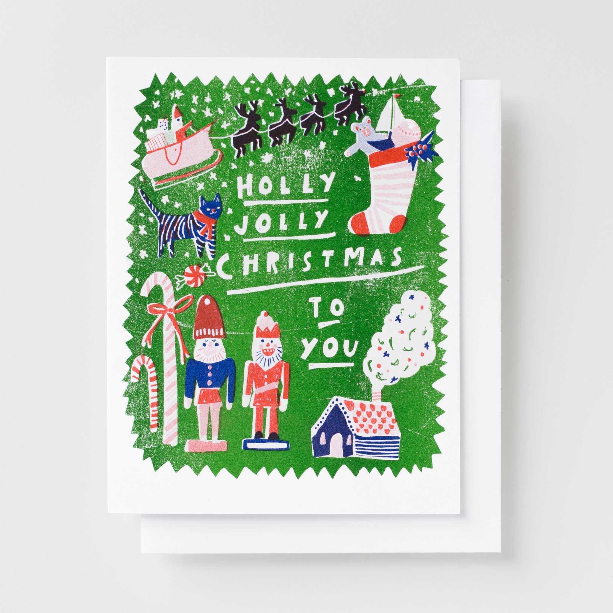 Festive Holly Jolly Christmas Risograph Greeting Card - Perfect for Holiday Wishes, Seasonal Decor & Gift Giving
