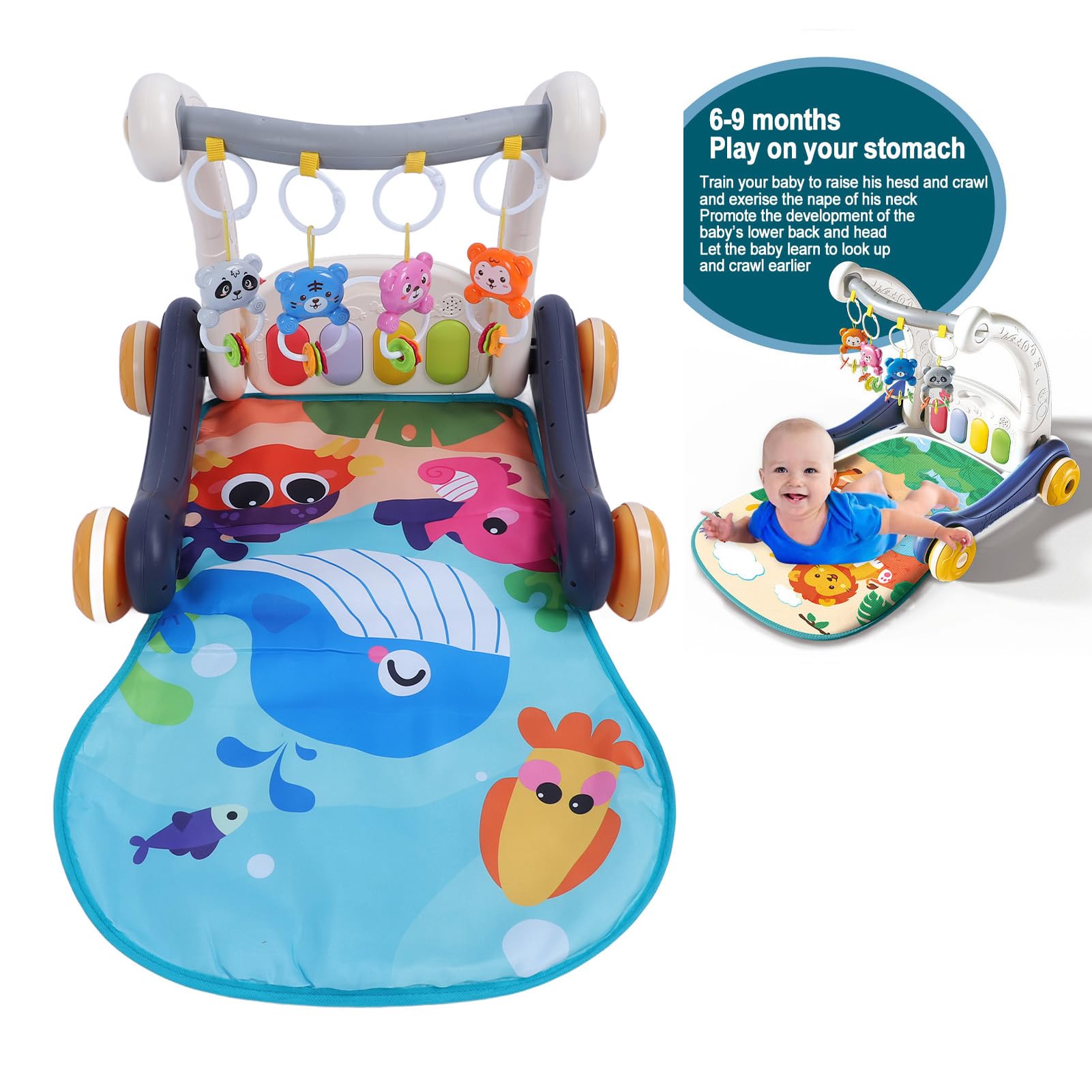 **Baby Push Walker with Adjustable Height - Multifunctional Piano Playmat & Activity Gym for Infants - Sensory Development Toy for Tummy Time, Crawling & Early Learning - Perfect for Nursery, Playroom & Daycare**
