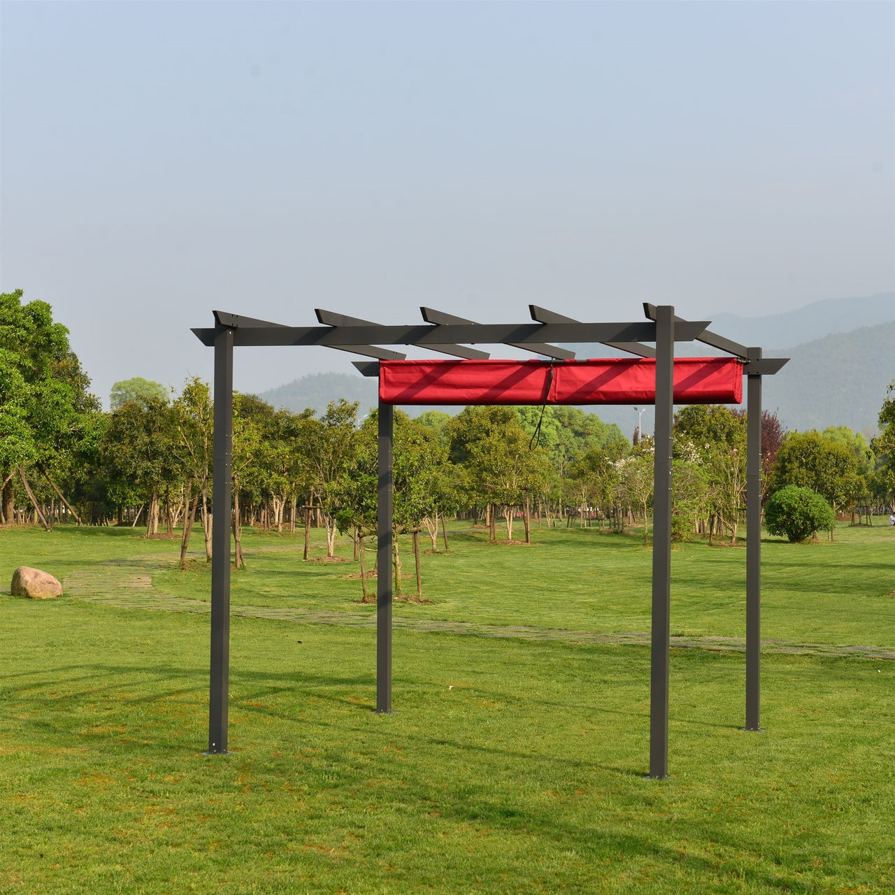Aleko 9x9 Ft Burgundy Aluminum Pergola - Outdoor Canopy & Grape Trellis for Patio, Garden, and Backyard Shade