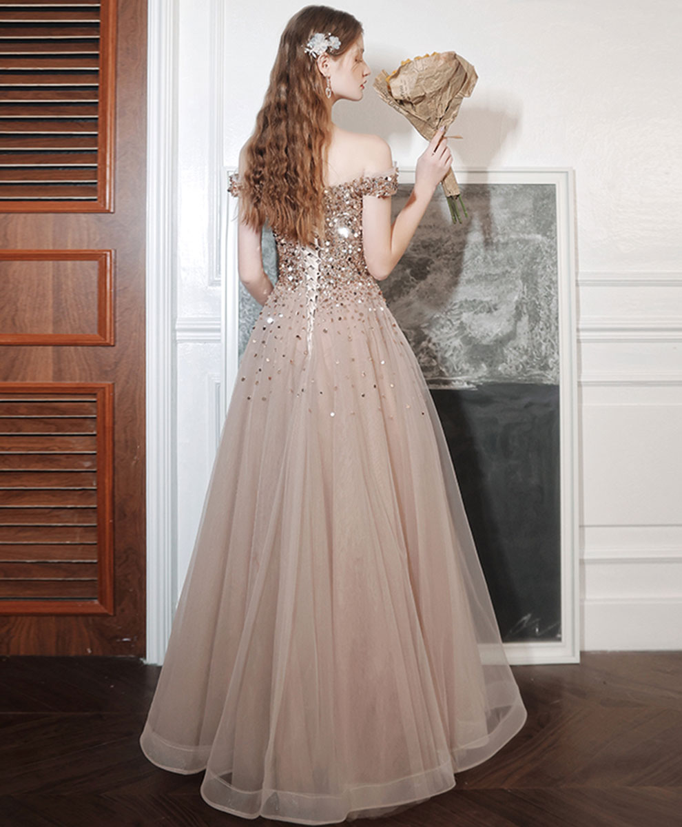 Elegant Champagne A-Line Long Prom Dress with Off-Shoulder Neckline & Beaded Sequin Details - Perfect for Formal Dances, Evening Galas, and Special Occasions