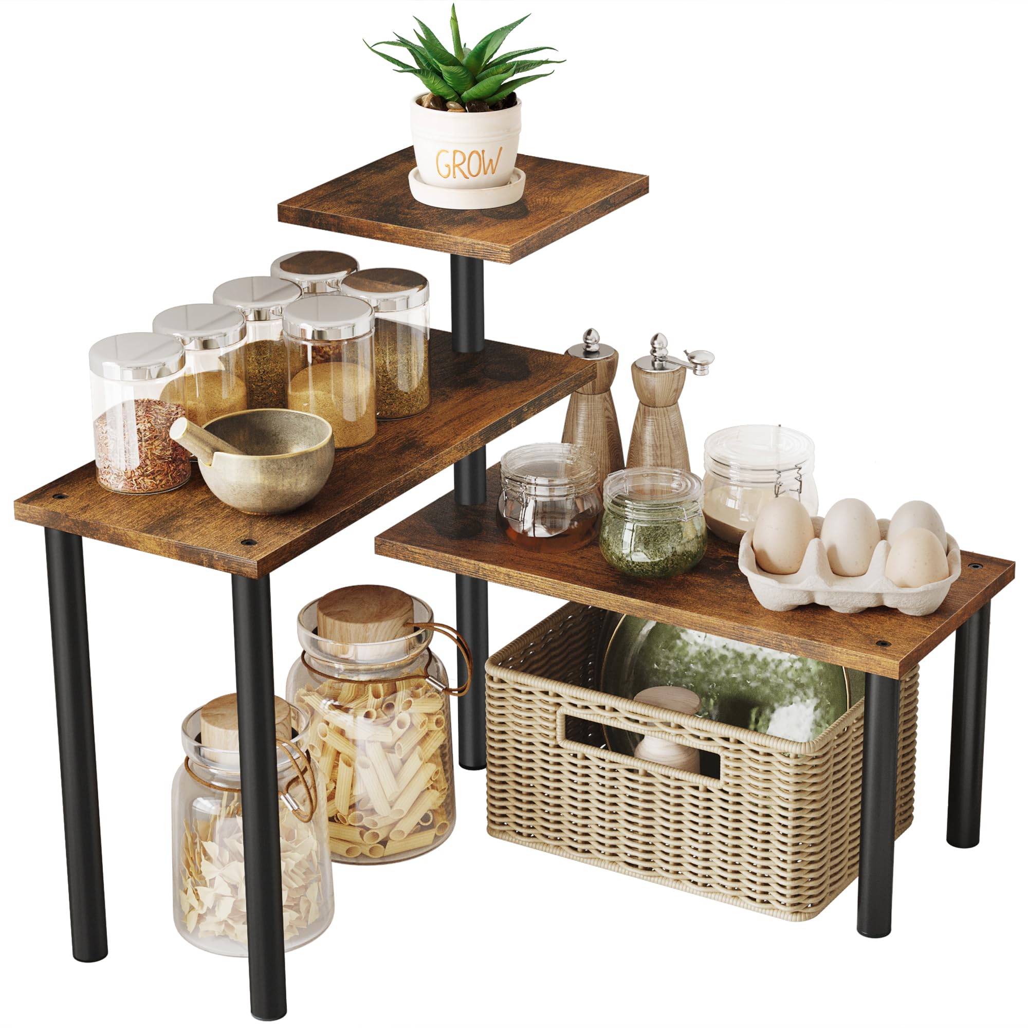 3-Tier Rustic Brown Countertop Organizer Corner Shelf - Adjustable Kitchen & Bathroom Storage for Spices, Coffee, Over Sink - Perfect for Small Space Organization in Pantry, Vanity & Dressing Tables
