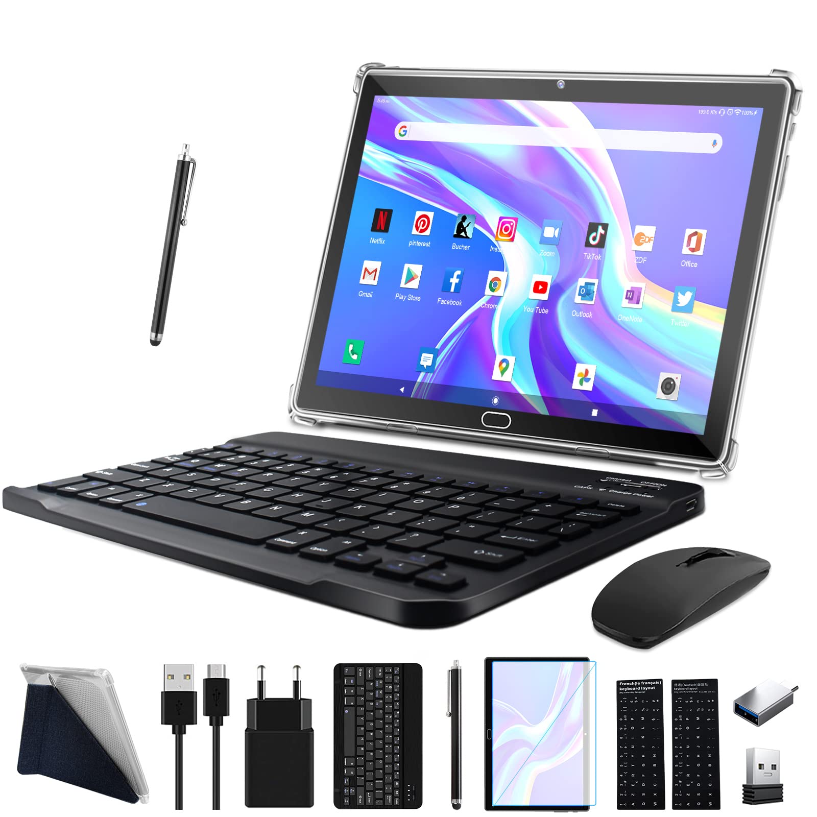 2025 Latest 10-Inch 3-in-1 Android Tablet with Keyboard, Mouse & Stylus - 4G LTE Dual SIM Tablet with 64GB ROM & 512GB Expandable Storage, Octa-Core Processor | 1080P FHD | 13MP Camera | 6000mAh Battery | Bluetooth | WiFi GPS | USB Type-C (Black) - Perfect for Work, Study & Entertainment On-The-Go