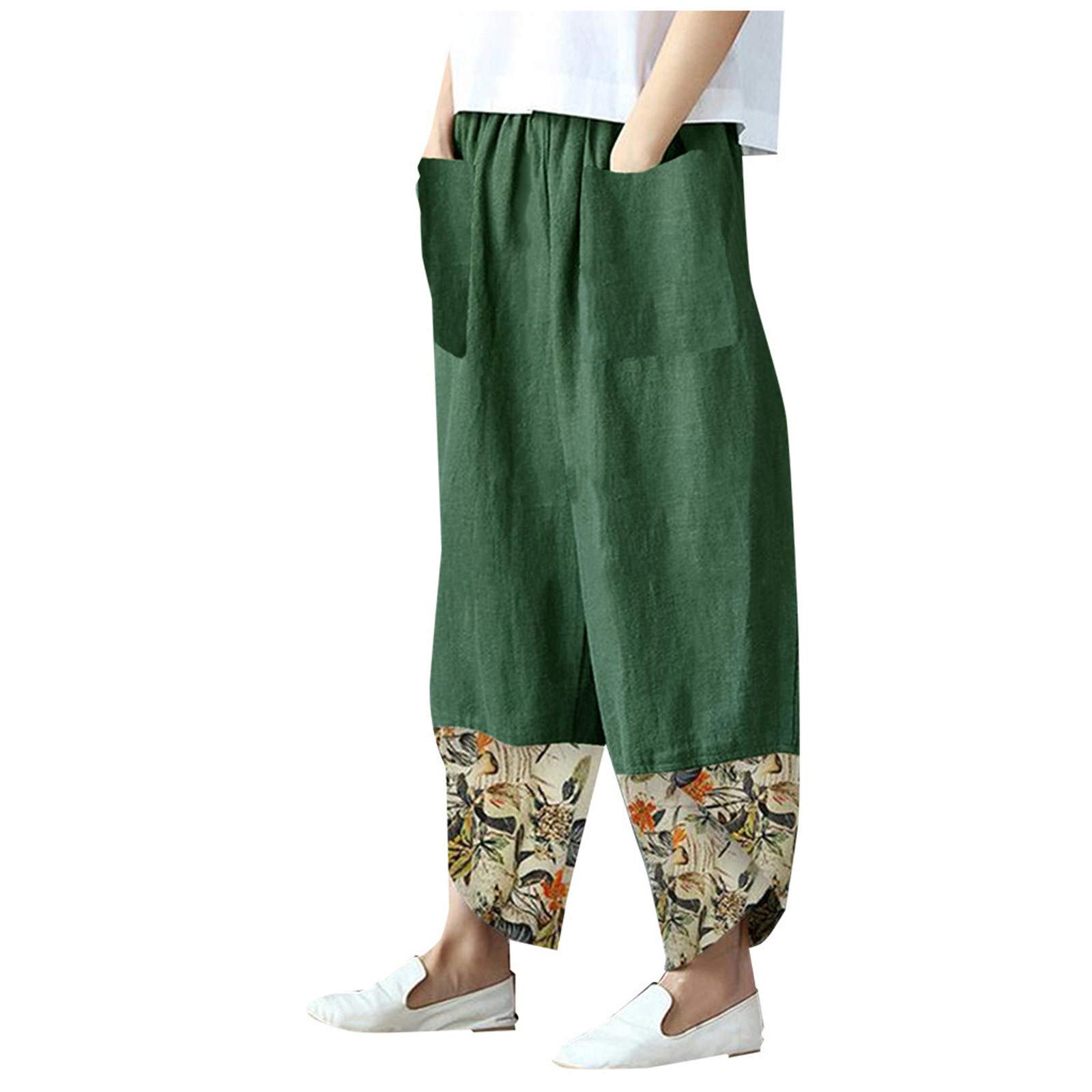Women's Casual Cotton Linen Printed Patchwork Wide Leg Pants - Comfortable Loose Fit High Waisted Trousers for Summer, Beach, Travel & Boho Style Outfits