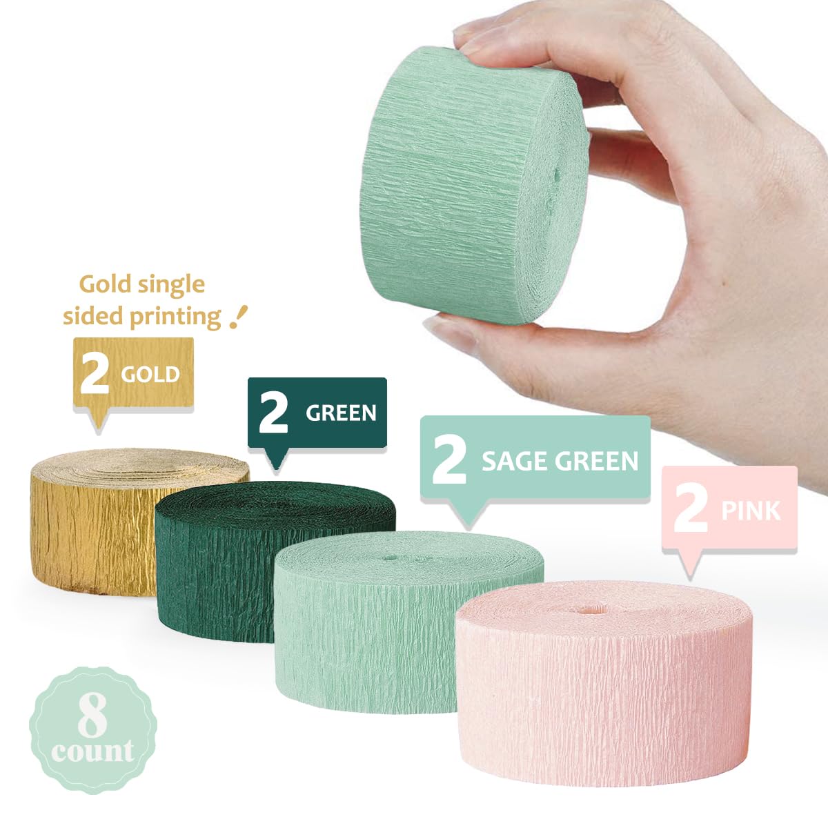 Elegant Sage Pink & Gold Crepe Paper Streamers - 8 Pack Wedding Decorations for Rustic Weddings, Bachelorette Parties, Birthdays, Bridal/Baby Showers & Anniversaries - Perfect for Backdrops, Photo Booths & Party Decor