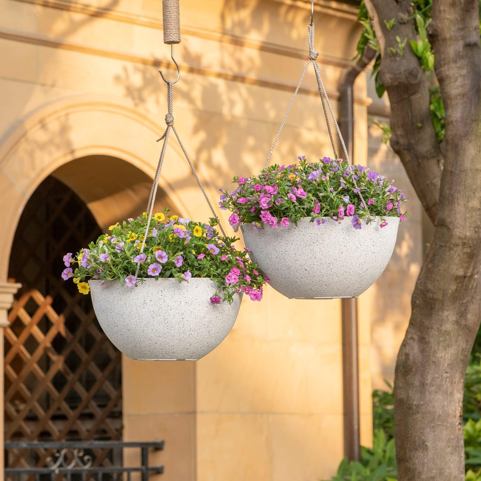 LA JOLIE MUSE 13 Inch Large Hanging Planters for Outdoor Plants - Set of 2 Speckled White Flower Pots for Patio, Garden & Balcony Decor