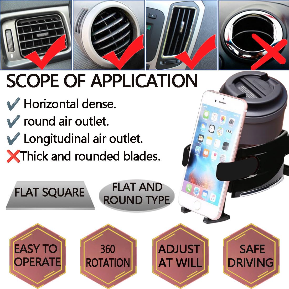 Universal Car Phone Mount Holder - Adjustable Air Vent & Cup Holder Compatible with iPhone, Samsung & More - Secure & Stable for Hands-Free Driving (Black) - Perfect for GPS Navigation, Music Control & Safe Commuting