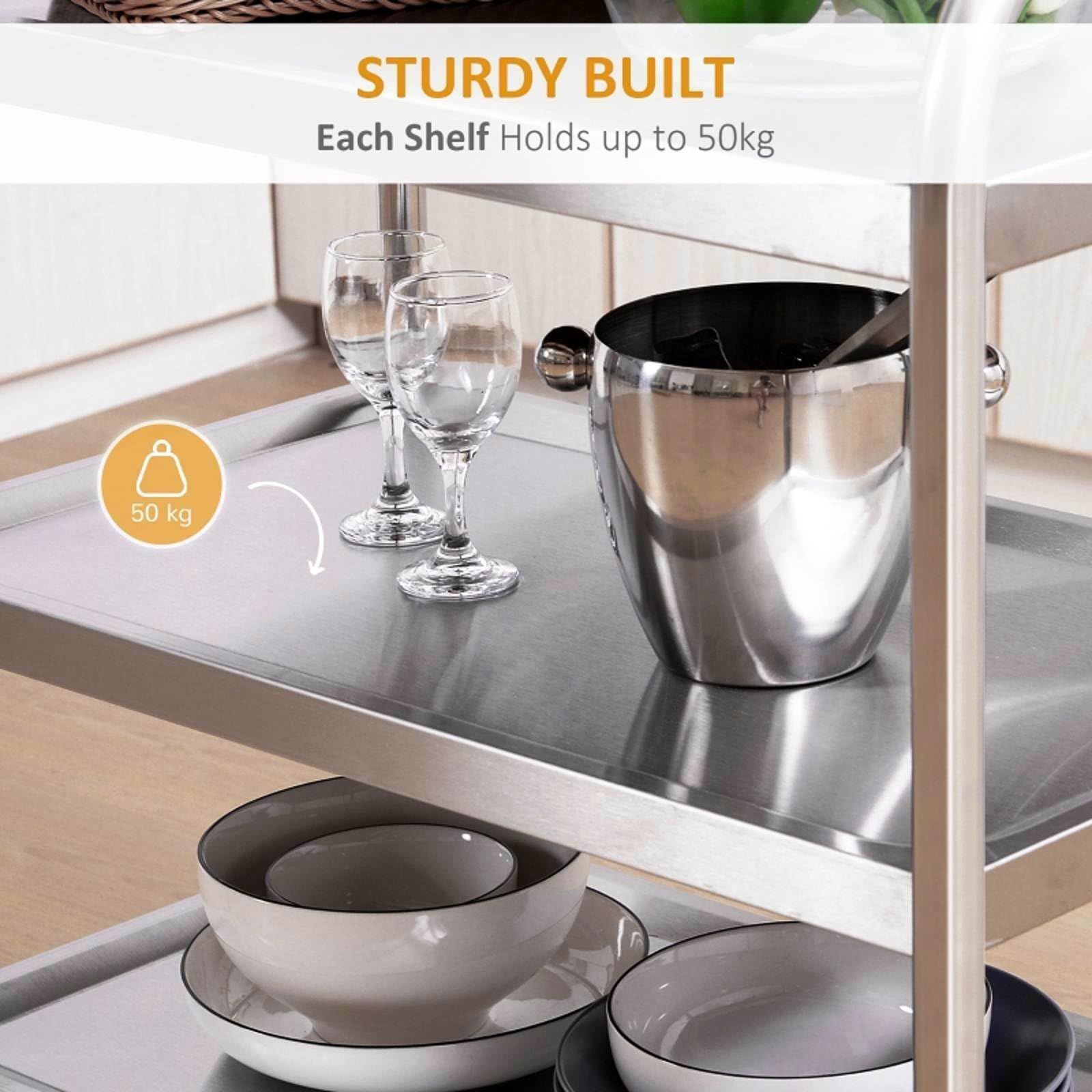 MYOYAY 37.4x19.7x37.4 Inch Stainless Steel 3-Tier Rolling Kitchen Cart with Locking Wheels - Heavy Duty Utility Cart for Restaurant, Cafe, Home & Commercial Use - Perfect for Food Storage, Catering Service & Mobile Kitchen Organization