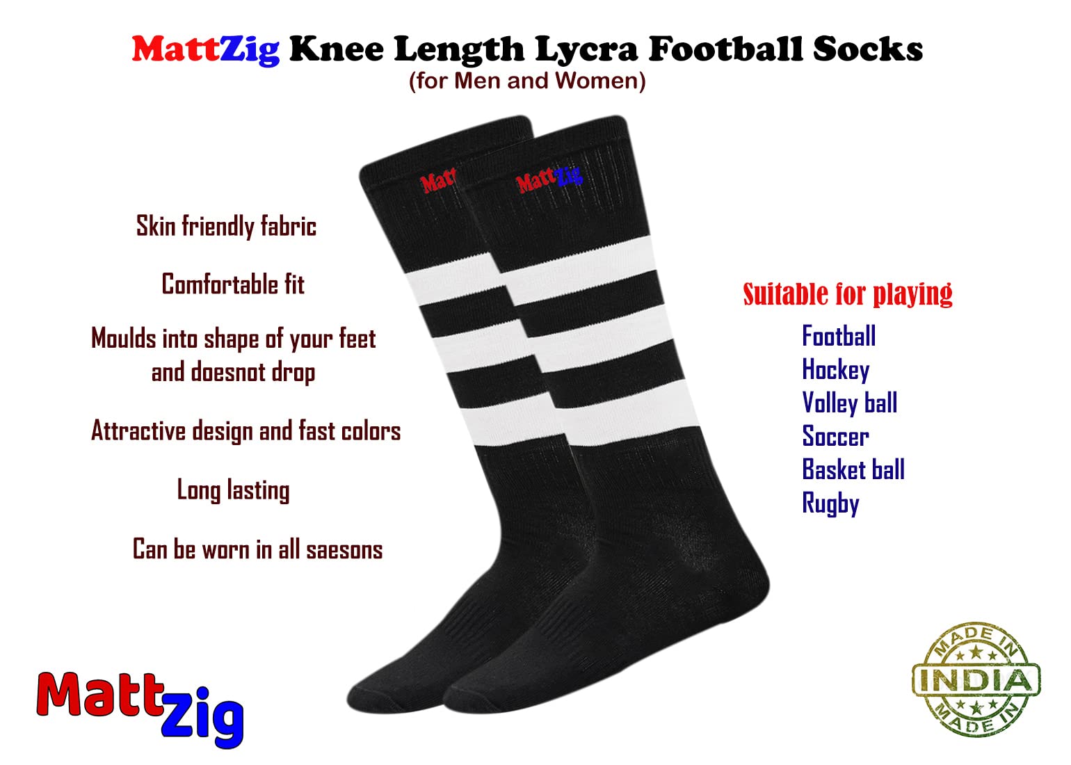 MattZig Indian Pro Football Kit - Black & White Soccer Socks & Shin Guards Set for Men & Youth | Perfect for Training, Matches & Sports Enthusiasts