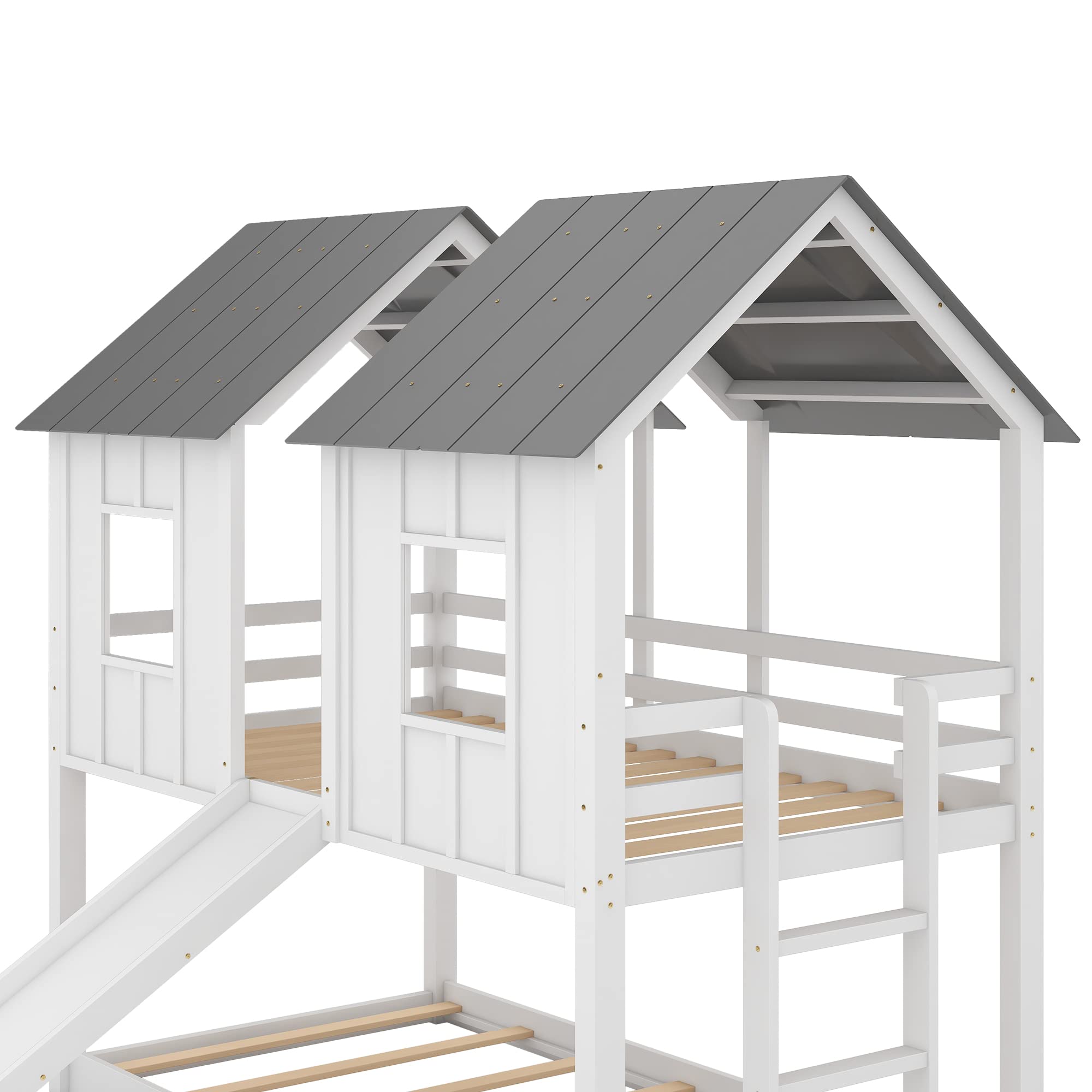Twin Over Twin Solid Wood Bunk Bed with Slide, Safety Guardrail & Roof Window - Sturdy Low Bunk Bed Frame for Kids & Teens - Perfect for Small Bedrooms, Shared Kids' Rooms & Sleepovers