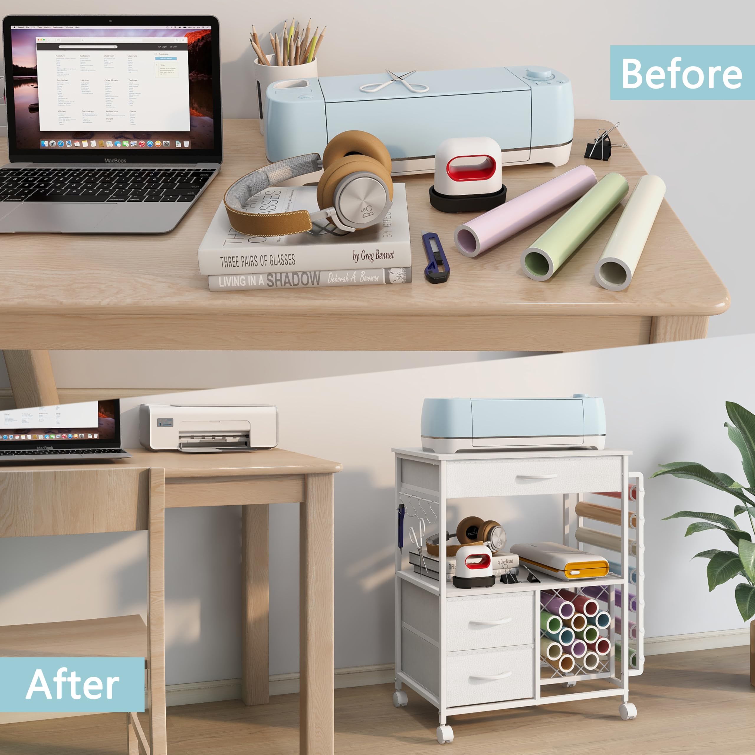 White Rolling Craft Storage Cart with Drawers & Vinyl Roll Holder - Compatible with Cricut Machines, Cutting Machine Stand - Perfect for Craft Room Organization, Scrapbooking & DIY Projects