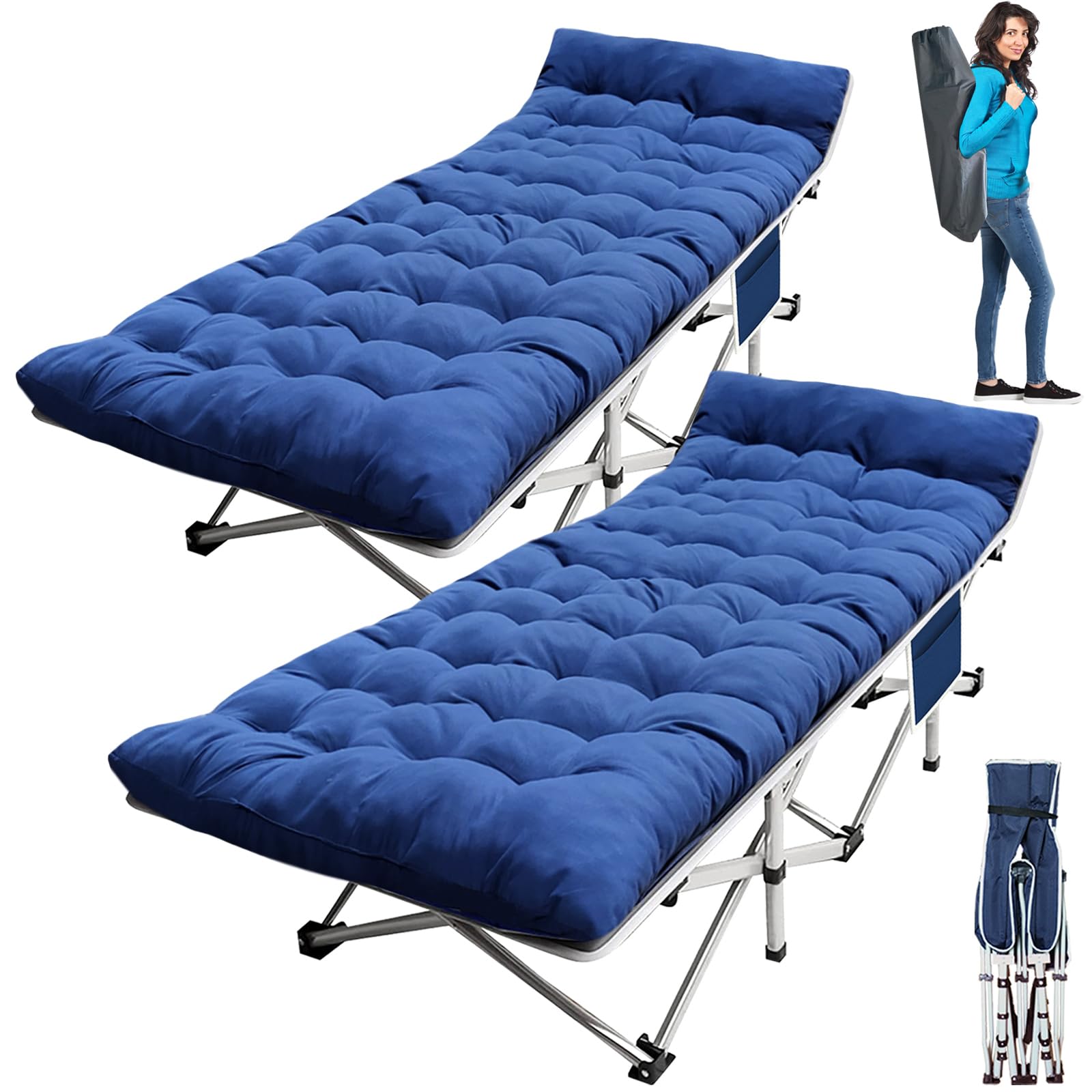 2-Pack Heavy Duty Folding Camping Cot with Comfortable Mattress Pad - Portable Sleeping Bed for Adults, Home, Office, Outdoor & Travel - Perfect for Camping, Backpacking, Emergency & Guest Use
