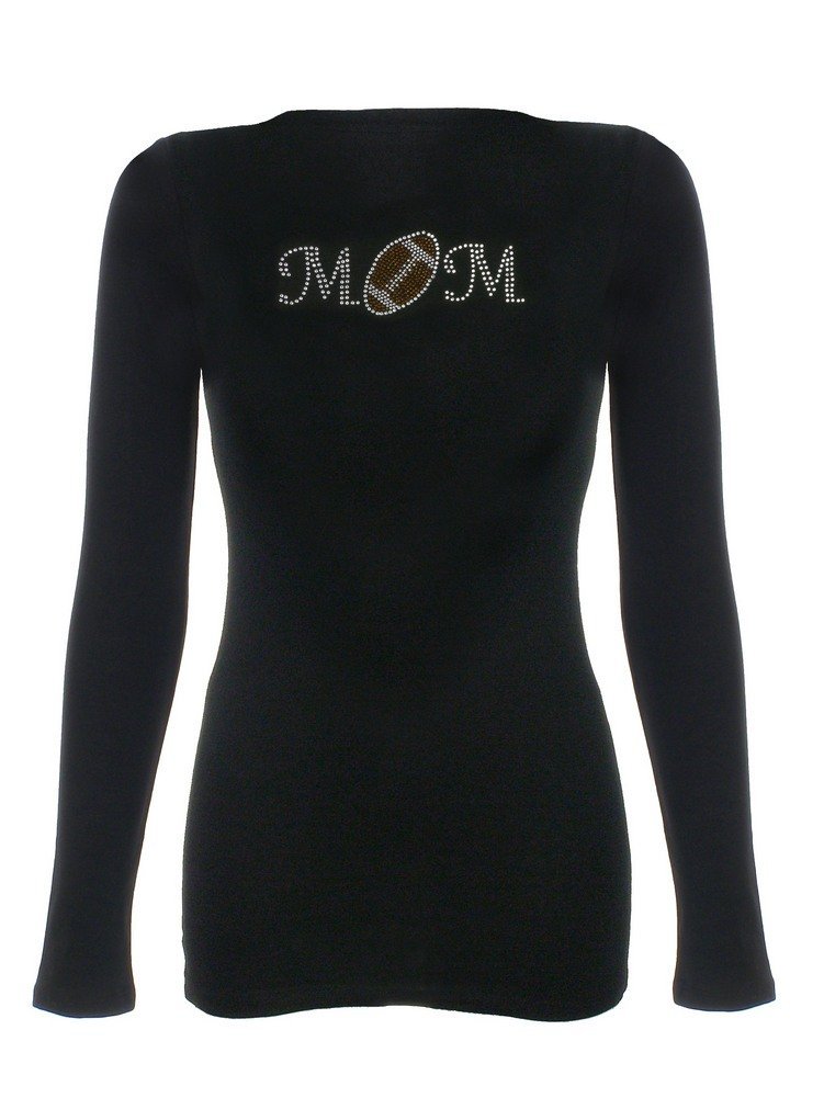 Stylish Women's Front & Back Football Mom Rhinestone Bling T-Shirt - Black | Perfect for Game Day, Tailgating & Showing Team Spirit