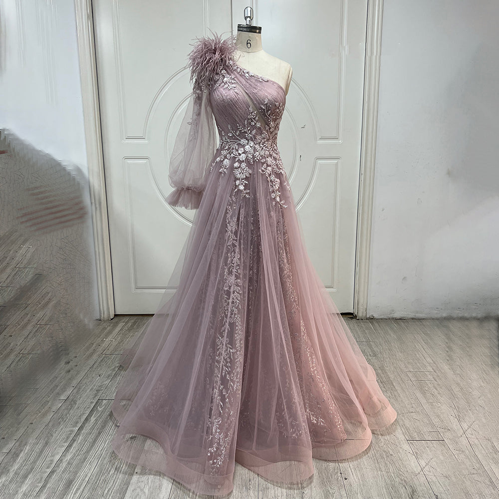 Serene Hill Pink A-Line Split Luxury Evening Dress 2025 - Beaded Elegant Feather One Shoulder Gown for Women | Perfect for Prom, Gala & Formal Parties