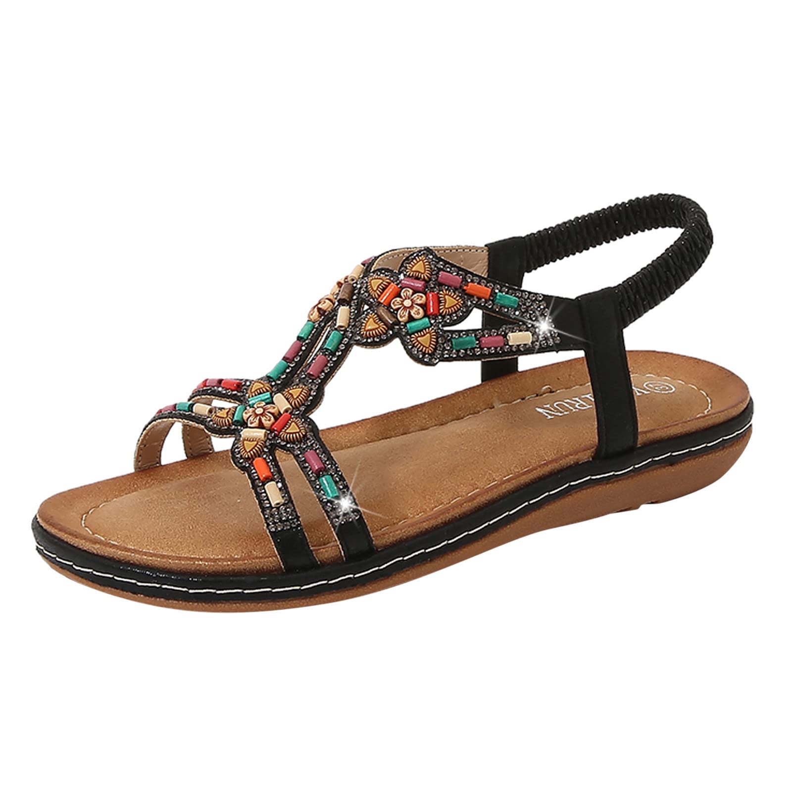Elegant Rhinestone Flat Sandals for Women - Comfortable Elastic Ankle Strap Open-Toe Low Heel Wedding Shoes | Perfect for Brides, Beach Weddings & Summer Occasions