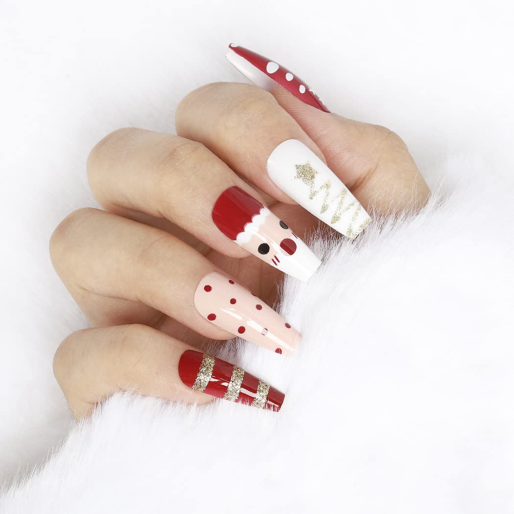 Uranian Christmas Press on Nails - 24pcs Long Red Coffin Fake Nails with Snowflake, Stripes & Santa Claus Elk Glitter Designs | Glossy Full Cover French Tip Acrylic Nails for Women & Girls | Perfect for Holiday Parties, Gift Giving & Festive Nail Art