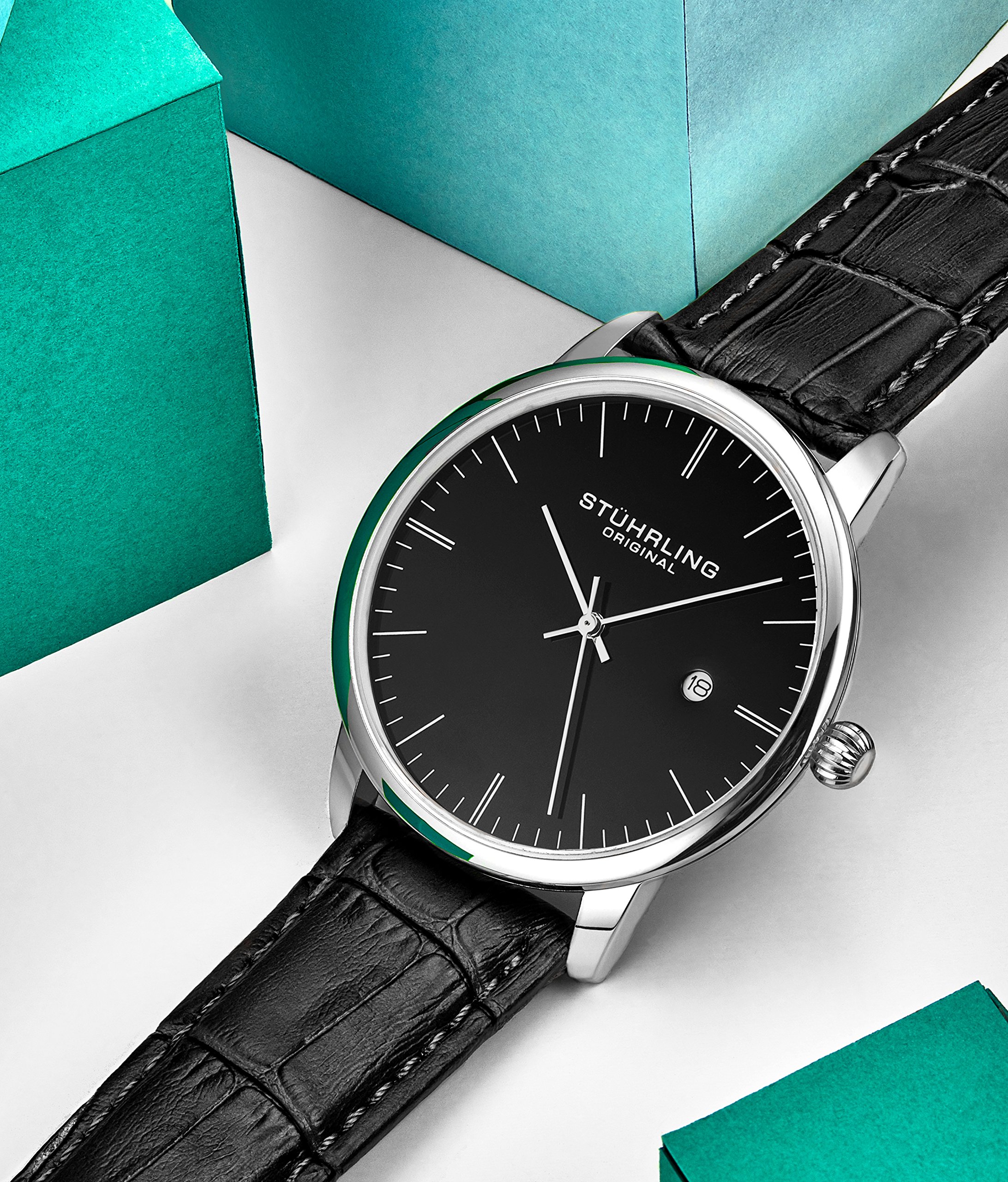 Stuhrling Original Men's Black Dress Watch - Classic Analog Watch with Date, Calfskin Leather Strap - Minimalist Wristwatch for Business, Formal Occasions & Everyday Wear