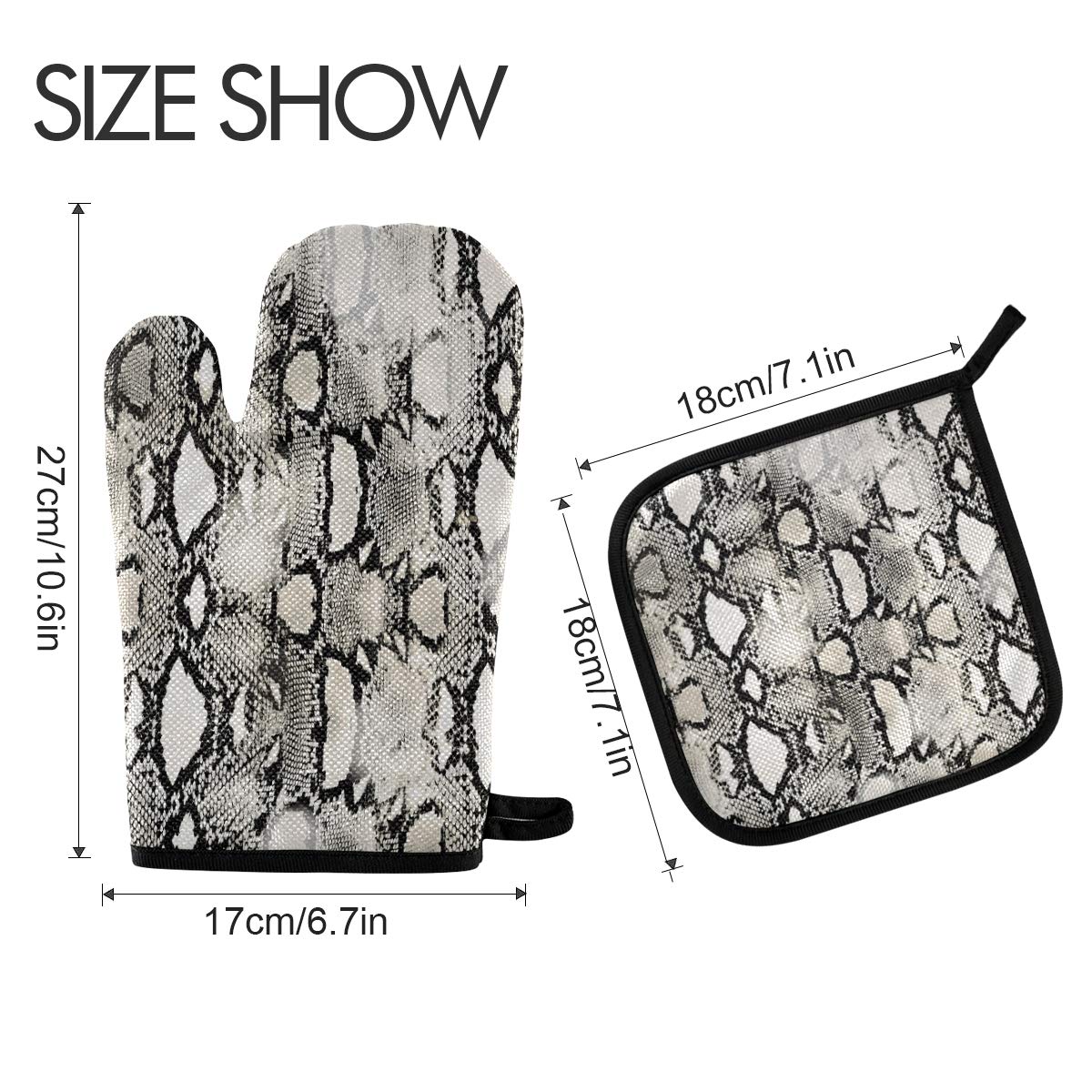 Gray Snake Print Oven Mitts and Pot Holders Set of 2 - Heat Resistant & Non-Slip Kitchen Gloves for Cooking, Baking, BBQ, Grilling - Perfect for Baking Cookies, Handling Hot Pans, and Outdoor Barbecues