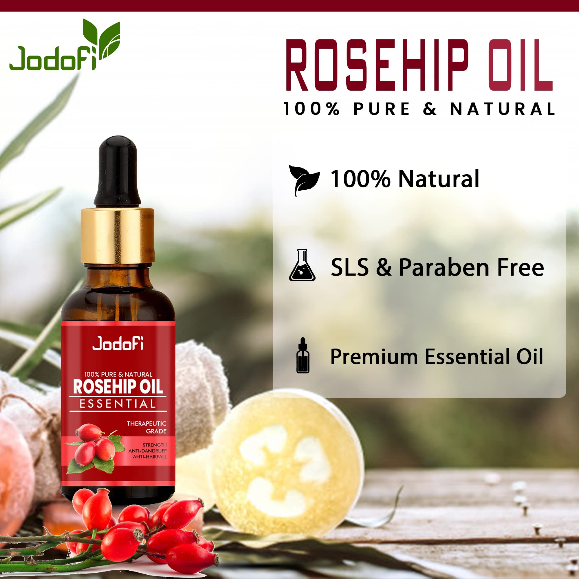 Pure Jodofi Rosehip Essential Oil 15ml - 100% Natural, Cold Pressed for Skin & Hair Care - Perfect for Anti-Aging, Scar Reduction & Moisturizing - Ideal for DIY Beauty, Aromatherapy & Massage