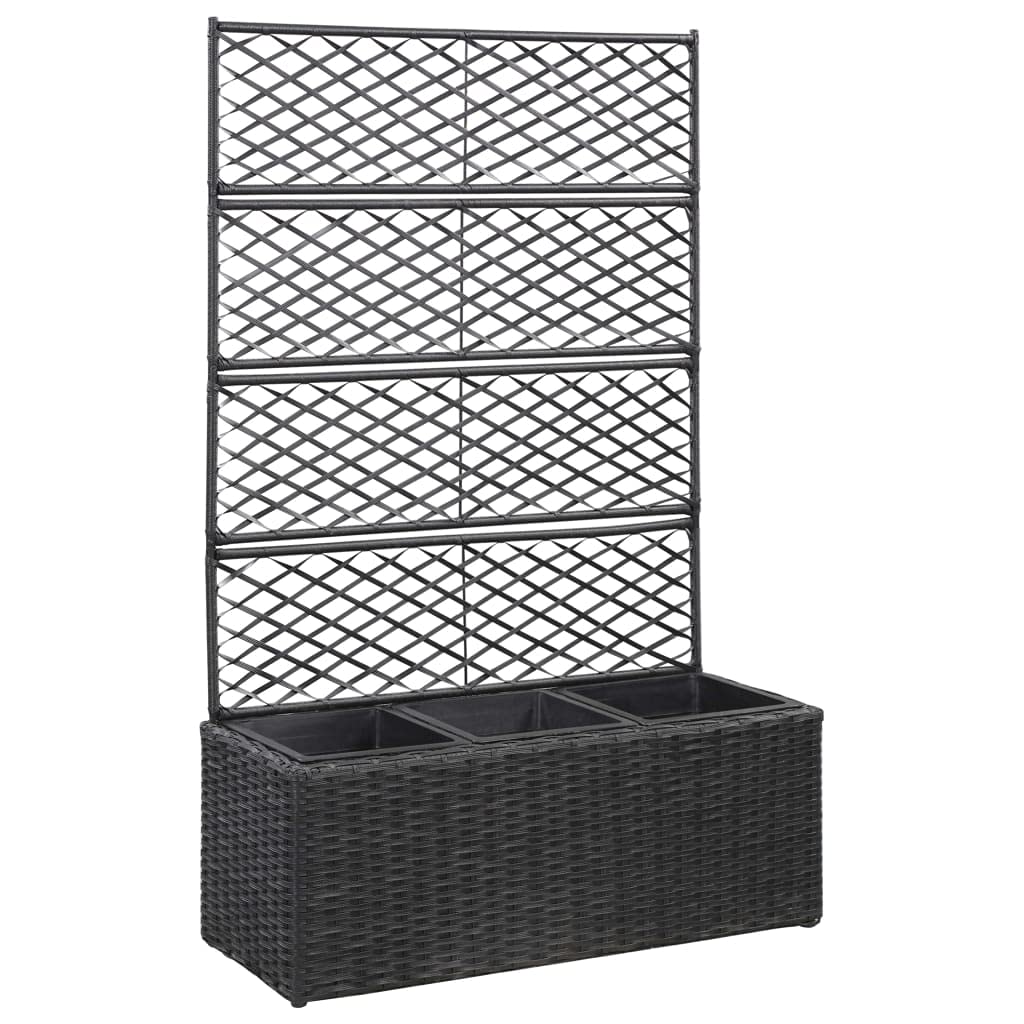 Outdoor Planter Box with Trellis - Black Poly Rattan Raised Garden Bed with 3 Removable Pots for Flowers, Herbs & Vegetables | Durable Decorative Planter for Patio, Balcony & Backyard Gardening