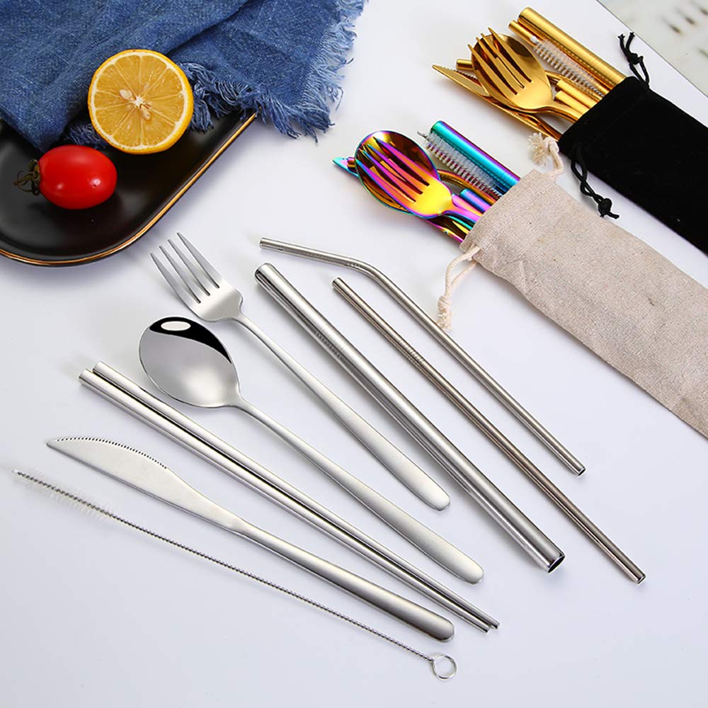 Sevend 8-Piece Reusable Stainless Steel Flatware Set - Knife, Fork, Spoon & Straw - Eco-Friendly Office Lunch Utensils & Portable Camping Cutlery - Perfect for Work, Picnics & Outdoor Adventures