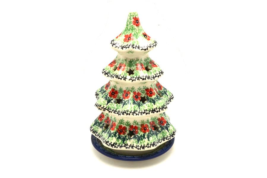 Handmade Polish Pottery Christmas Tree Luminaria - 8 Inch Large Holiday Decor - Maraschino Red Ceramic Candle Holder for Christmas Mantel, Table Centerpiece & Winter Home Decor