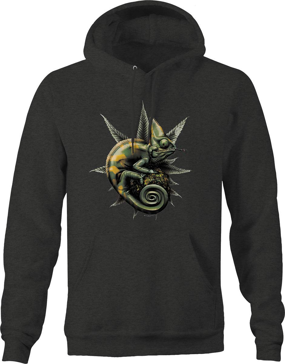 Men's Marijuana Chameleon Lizard Graphic Hoodie - Dark Gray Streetwear for Stoner Fashion & 420 Lifestyle