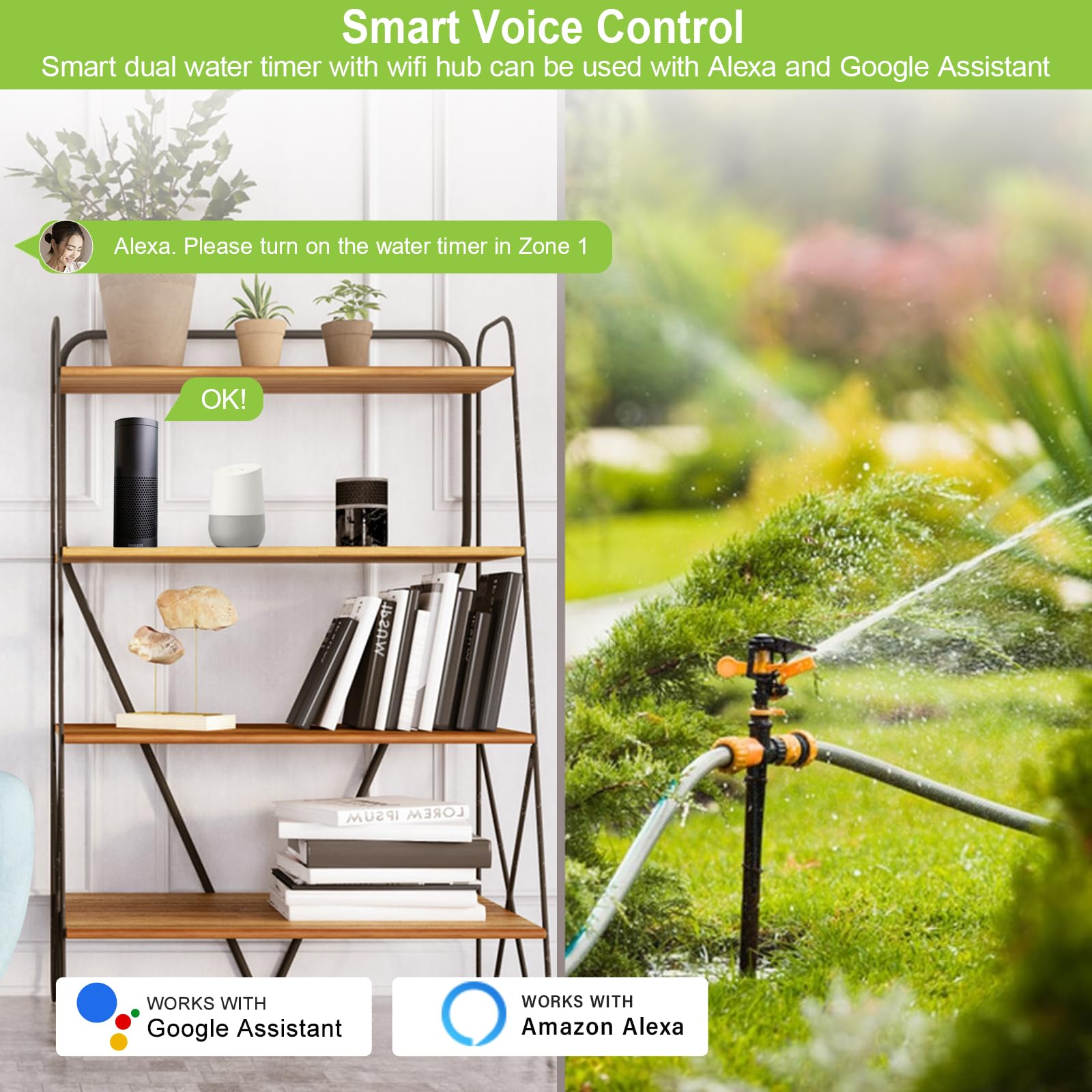 Smart WiFi Sprinkler Timer with Hub - 2 Outlets Automatic Watering System for Garden & Lawn, Compatible with Alexa & Google Assistant | Rain Delay, Manual & Scheduling Modes | Perfect for Outdoor Irrigation, Flower Beds & Vegetable Gardens