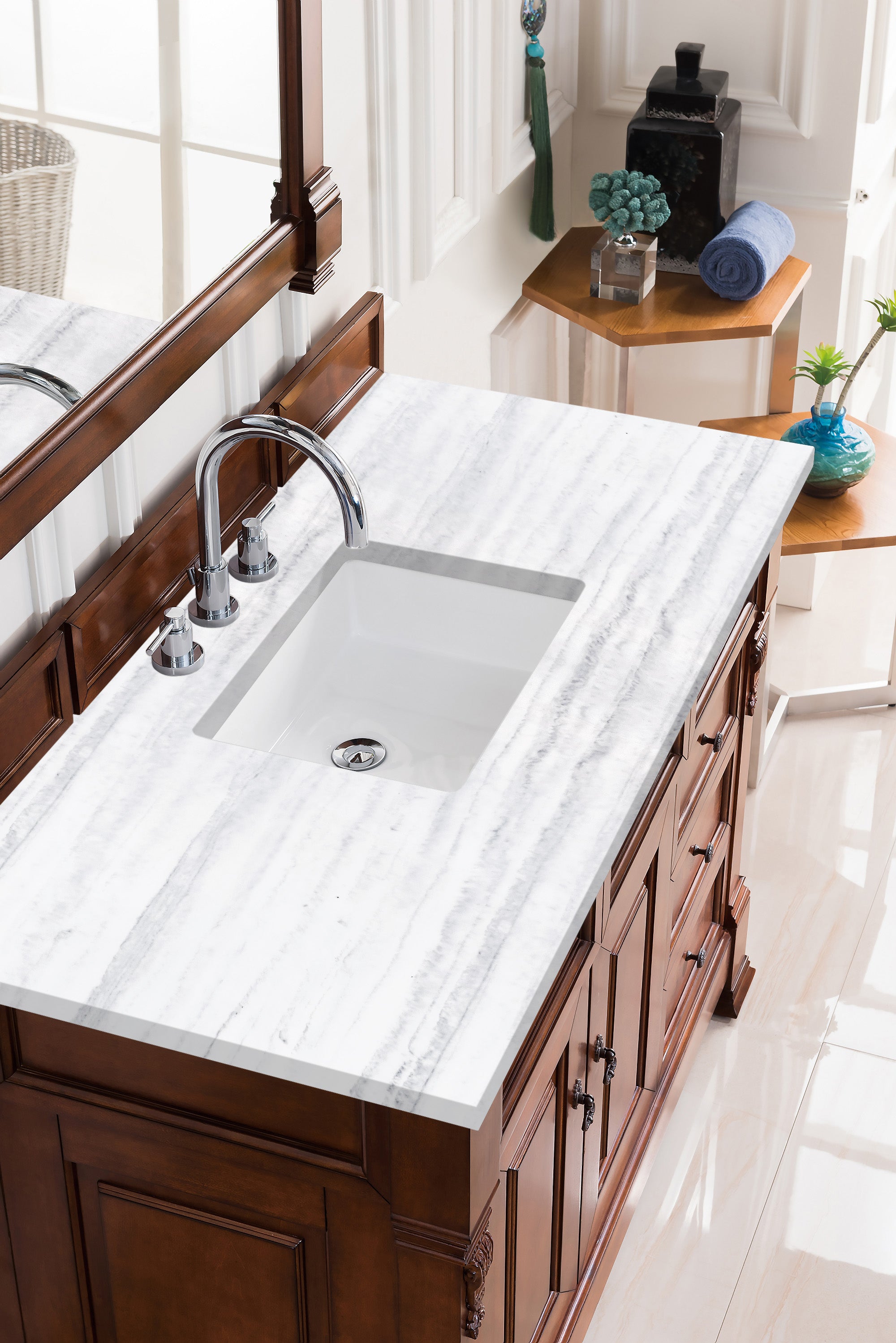 Brookfield 48 Inch Single Bathroom Vanity with Warm Cherry Finish & 3CM Arctic Fall Solid Surface Top - Perfect for Modern and Traditional Bathroom Designs