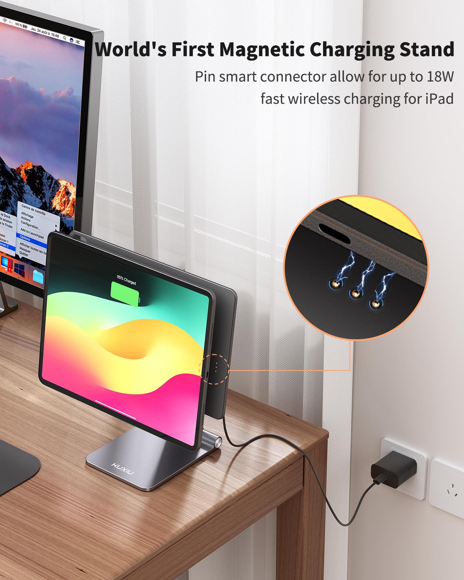 Magnetic Wireless Charging Stand for iPad Pro 13 M4 2024 - Aluminum Alloy Foldable Tablet Stand Holder with 360° Adjustable Angle & 1M USB-C Cable - Perfect for Home Office, Desk Work, Watching Videos & Hands-Free Charging