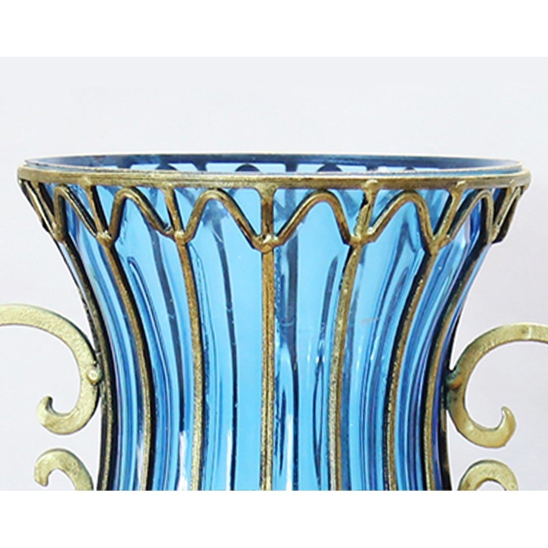 51cm Blue Glass Tall Floor Vase with 12pcs Artificial Flowers - Elegant Home Decor for Living Room, Bedroom, Office & Wedding Centerpiece