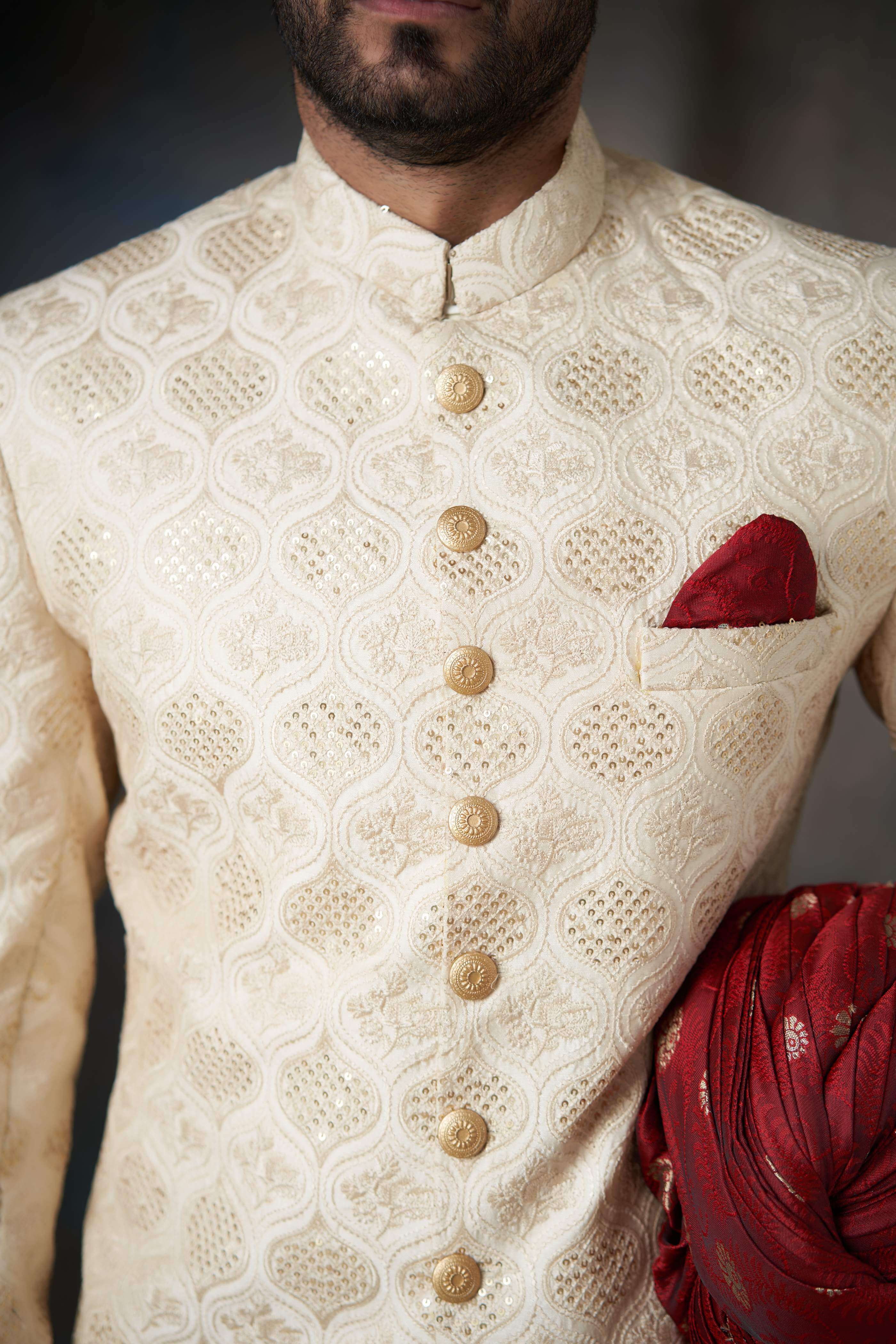 Elegant Fawn & Gold Raw Silk Sherwani with Sequins | Men's Traditional Indian Wedding Attire | Perfect for Weddings, Festivals & Special Occasions