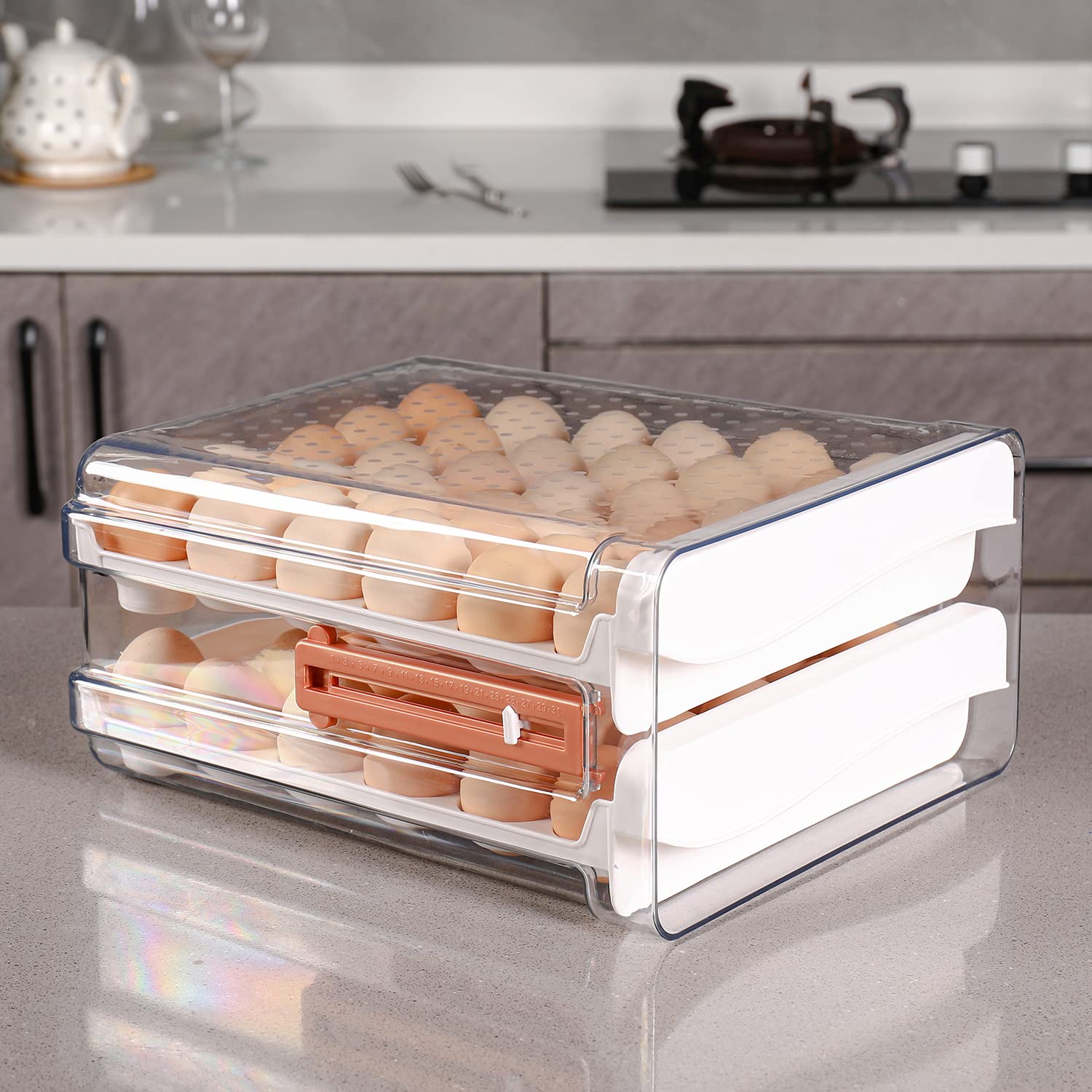 Sooyee 60-Count Refrigerator Egg Storage Container - 2-Tier Clear Plastic Egg Holder for Fridge, Space-Saving Egg Organizer for Kitchen - Perfect for Farm Fresh Eggs, Meal Prep & Breakfast Organization