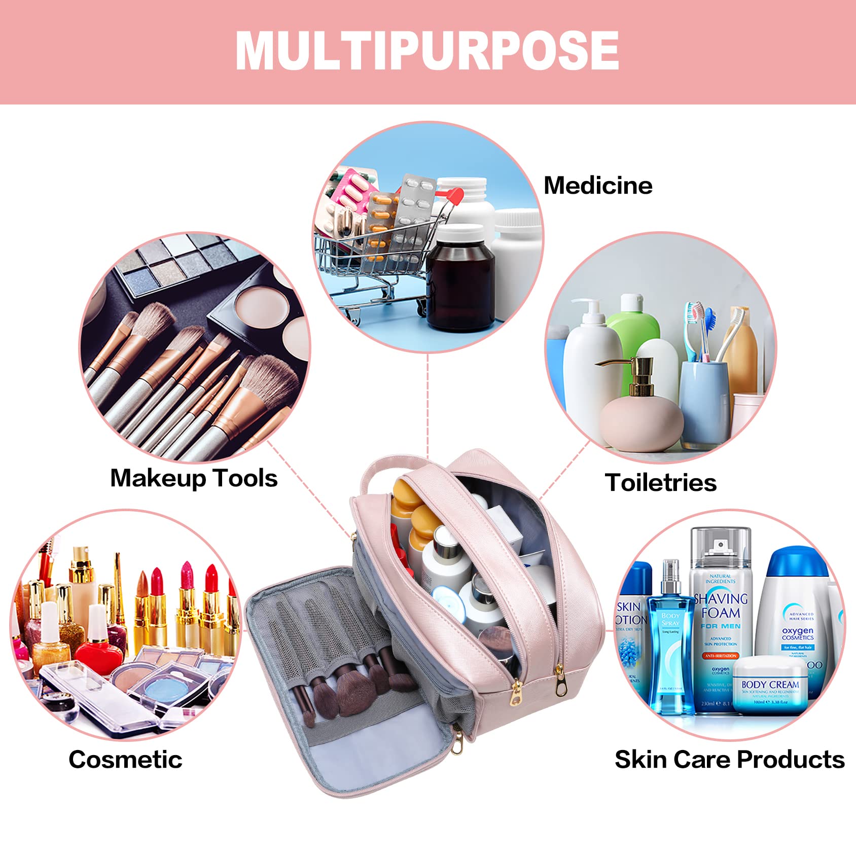 Waterproof Makeup Bag for Women - Travel Toiletry Organizer with Multiple Pockets, Dorm Room Essentials for Girls, Perfect for Cosmetics & Skincare Storage - Ideal for Travel, Gym, Mother's Day & Graduation Gifts
