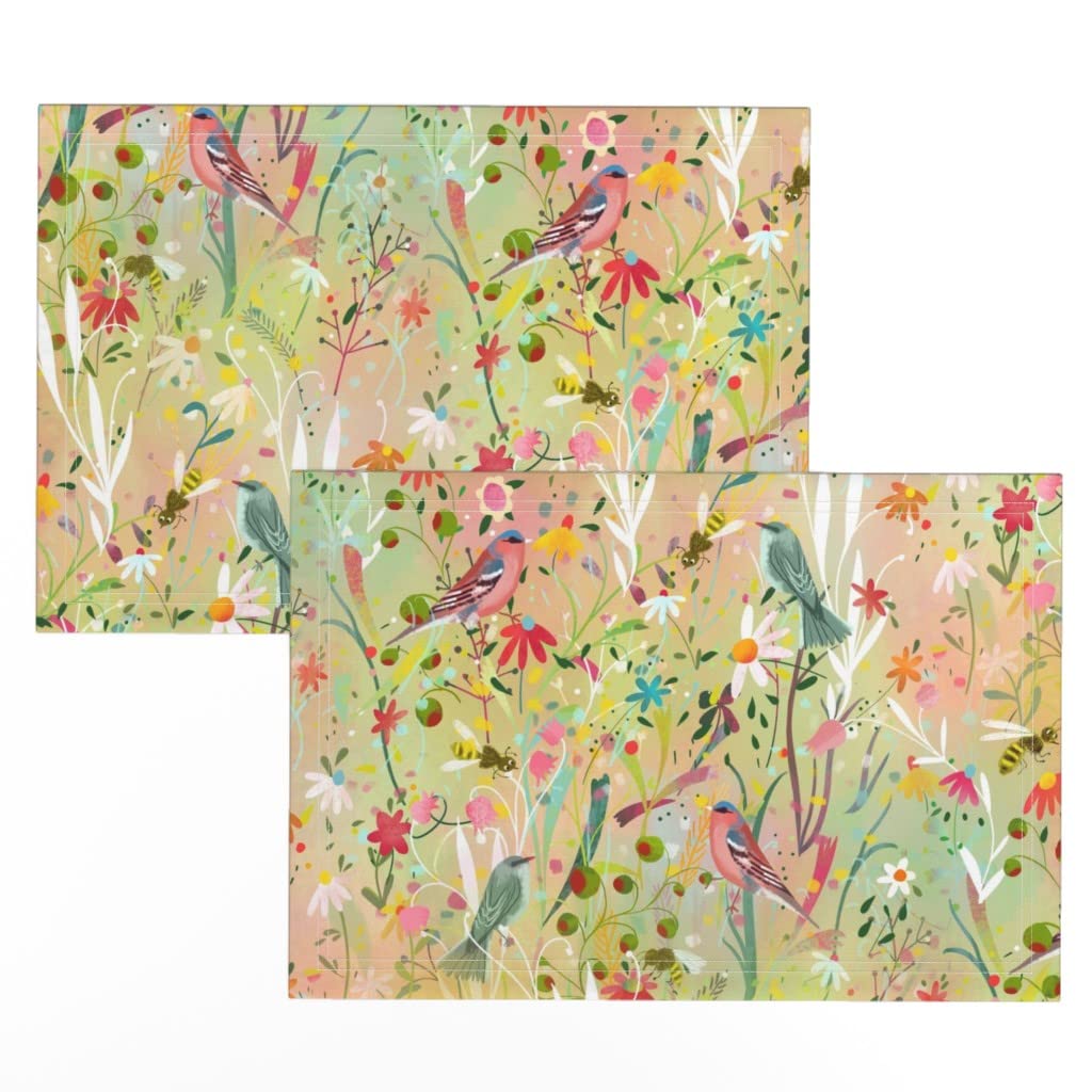 Premium Linen Cotton Canvas Placemats Set of 2 - Pastel Meadow Floral Print with Bees, Birds & Leaves Design, Nature-Inspired Table Decor for Dining, Kitchen, or Outdoor Picnic Use