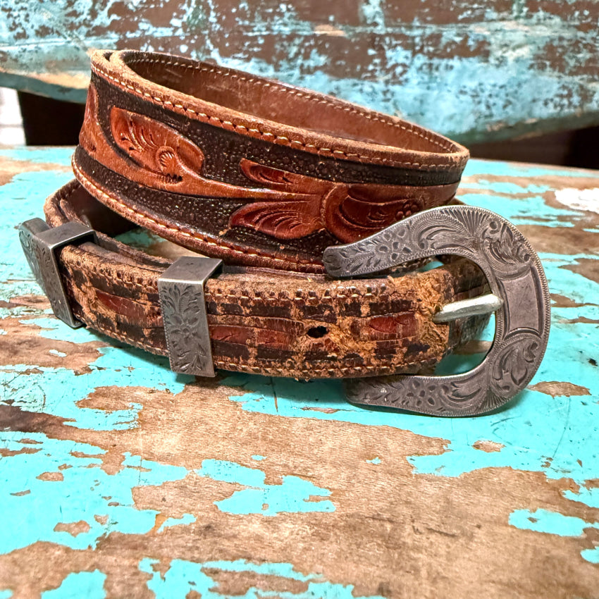 Vintage 4-Piece Sterling Silver McCabe Ranger Buckle Set on Stelzig Saddlery Belt - Western Style Accessory for Cowboy Boots, Jeans & Rodeo Outfits