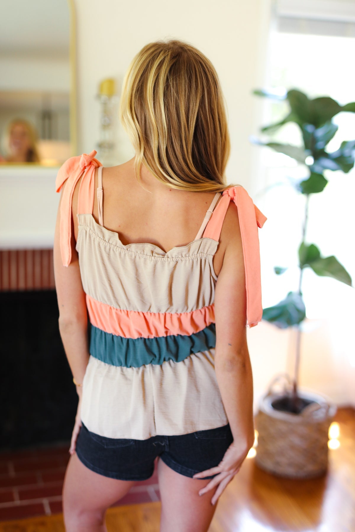 Stylish Peach Tie Knot Shoulder Detail Color Block Blouse for Women | Trendy Casual & Office Wear | Perfect for Dates, Work, and Parties
