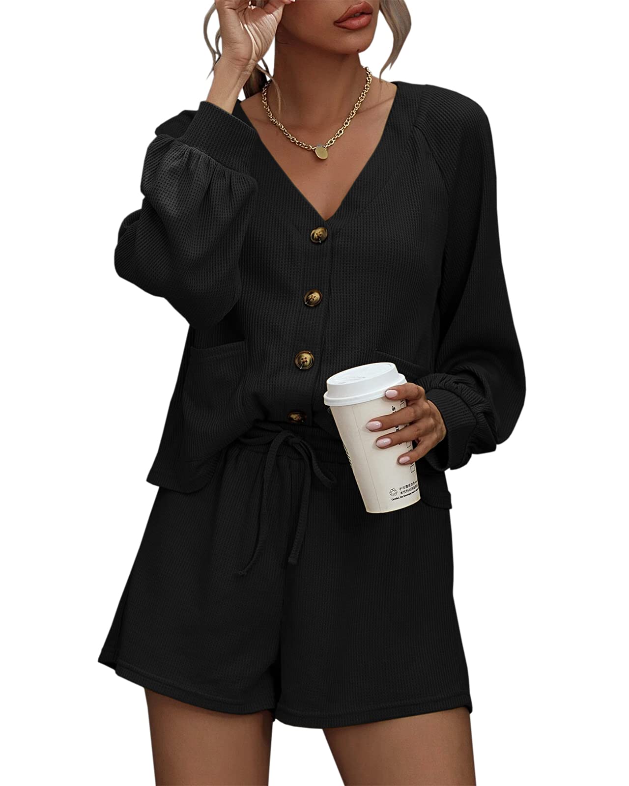 Women's Waffle Knit 2-Piece Outfit Set - Long Sleeve Button Down Cardigan & Shorts - Cozy Loungewear for Home, Yoga, and Casual Wear - Soft V-Neck Pullover Jumpsuit Alternative