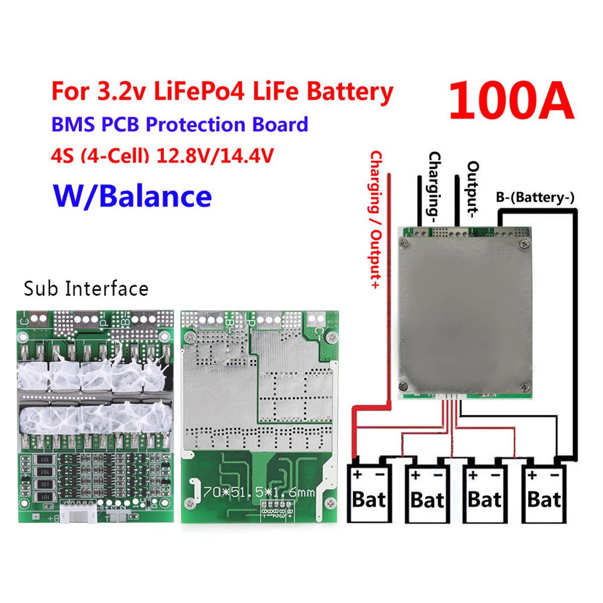 4S 100A 12V BMS Board for LiFePO4 Battery - Solar & EV Charging